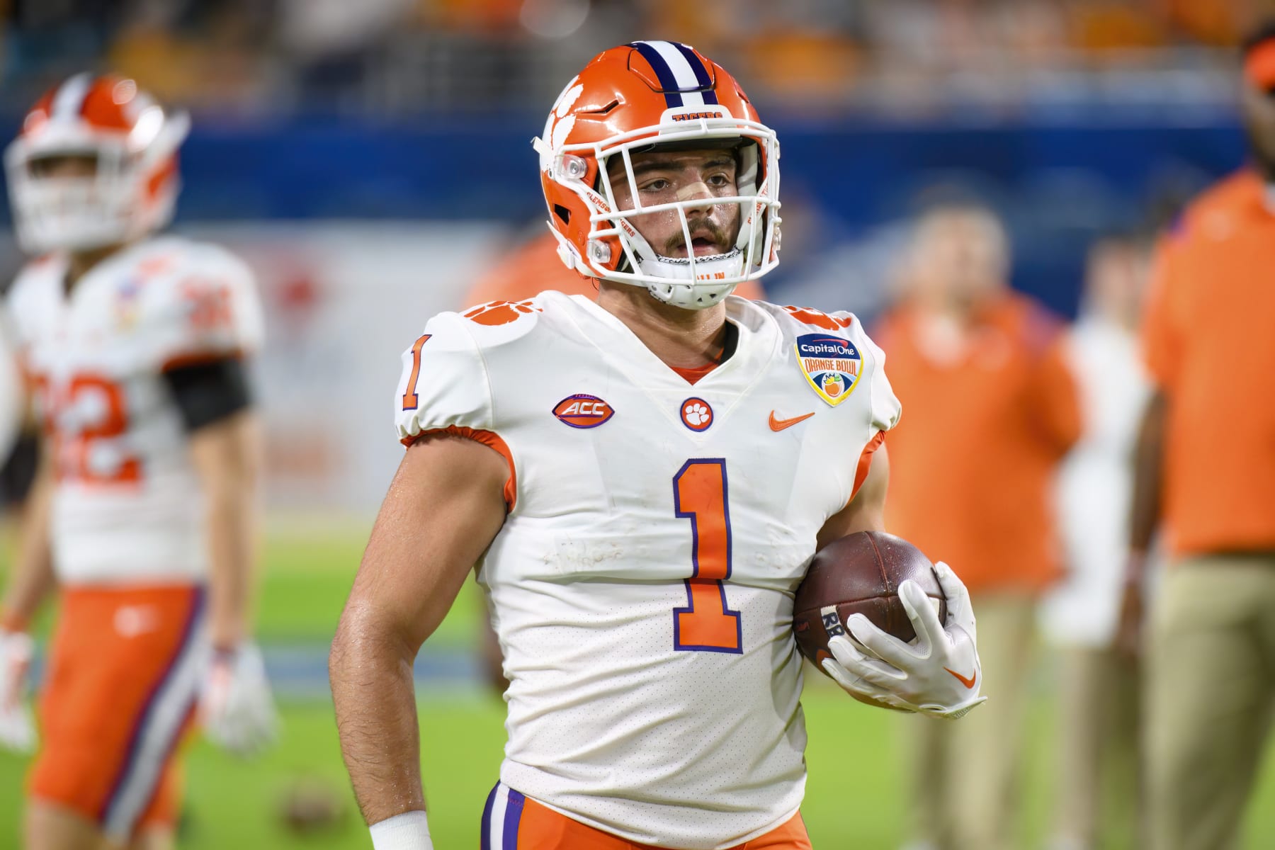 MIAMI GARDENS, FL - DECEMBER 30: Clemson running back Will Shipley (1) runs with the ball on the field before the Capital One Orange Bowl college football game between the Tennessee Volunteers and the Clemson Tigers on December 30, 2022 at the Hard Rock Stadium in Miami Gardens, FL. (Photo by Doug Murray/Icon Sportswire via Getty Images)