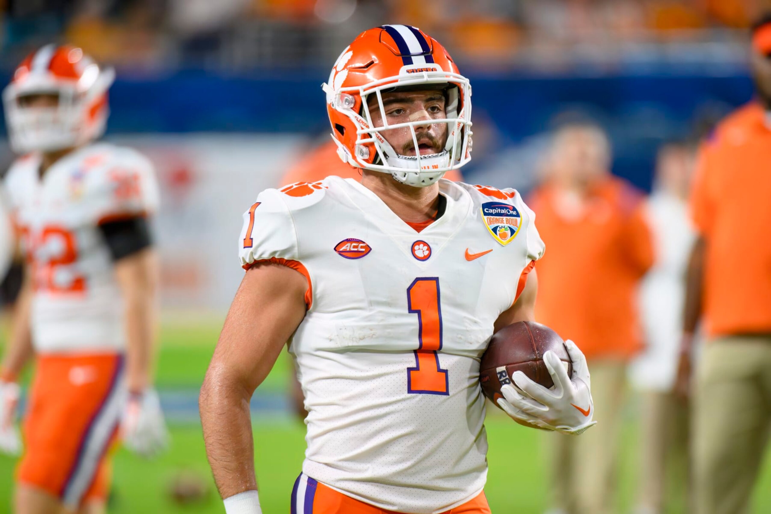 MIAMI GARDENS, FL - DECEMBER 30: Clemson running back Will Shipley (1) runs with the ball on the field before the Capital One Orange Bowl college football game between the Tennessee Volunteers and the Clemson Tigers on December 30, 2022 at the Hard Rock Stadium in Miami Gardens, FL. (Photo by Doug Murray/Icon Sportswire via Getty Images)