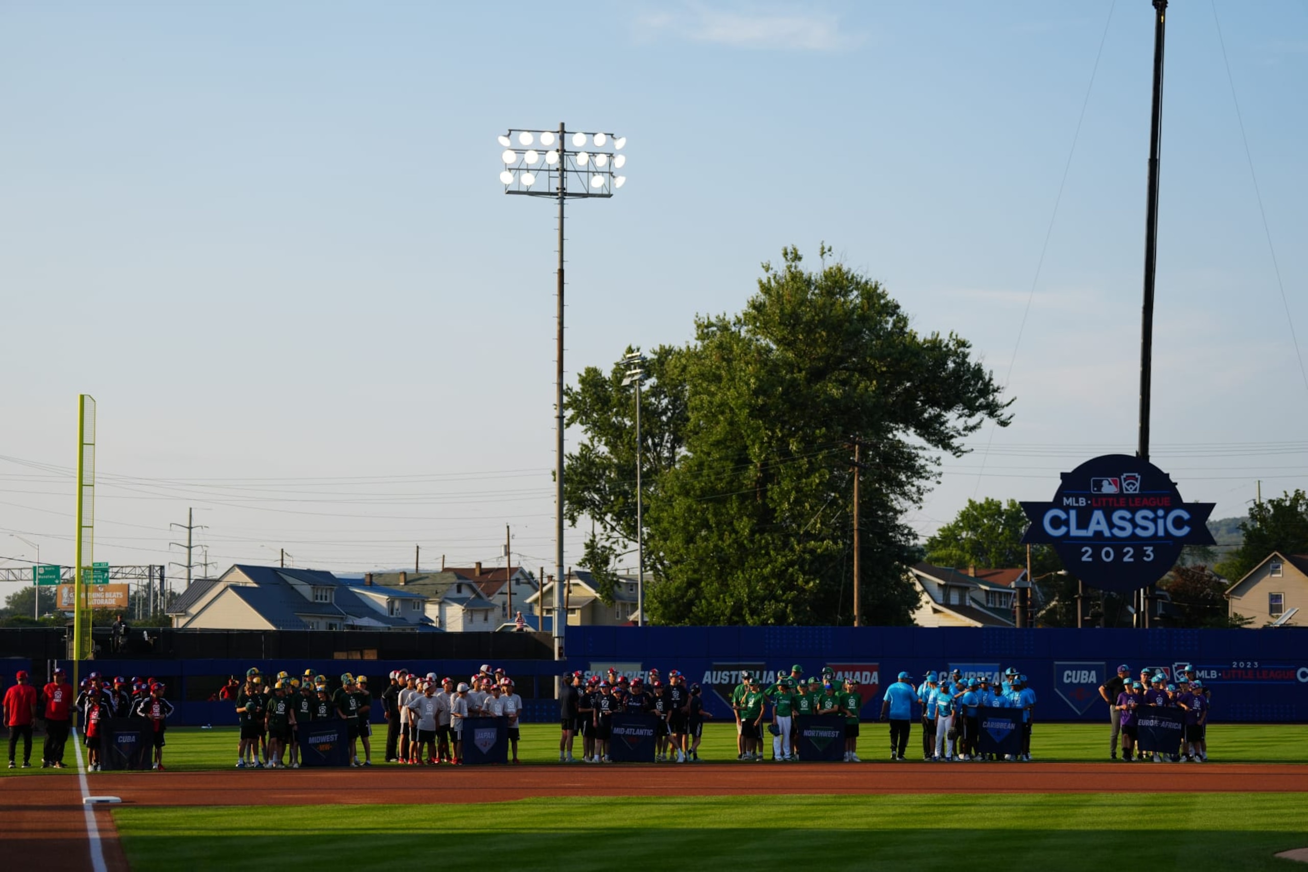 SOUTH WILLIAMSPORT, PA  - AUGUST 20:   Little League World Series teams line up on the field prior to the game between the Philadelphia Phillies and the Washington Nationals at Muncy Bank Ballpark at Historic Bowman Field on Sunday, August 20, 2023 in South Williamsport, Pennsylvania. (Photo by Daniel Shirey/MLB Photos via Getty Images)
