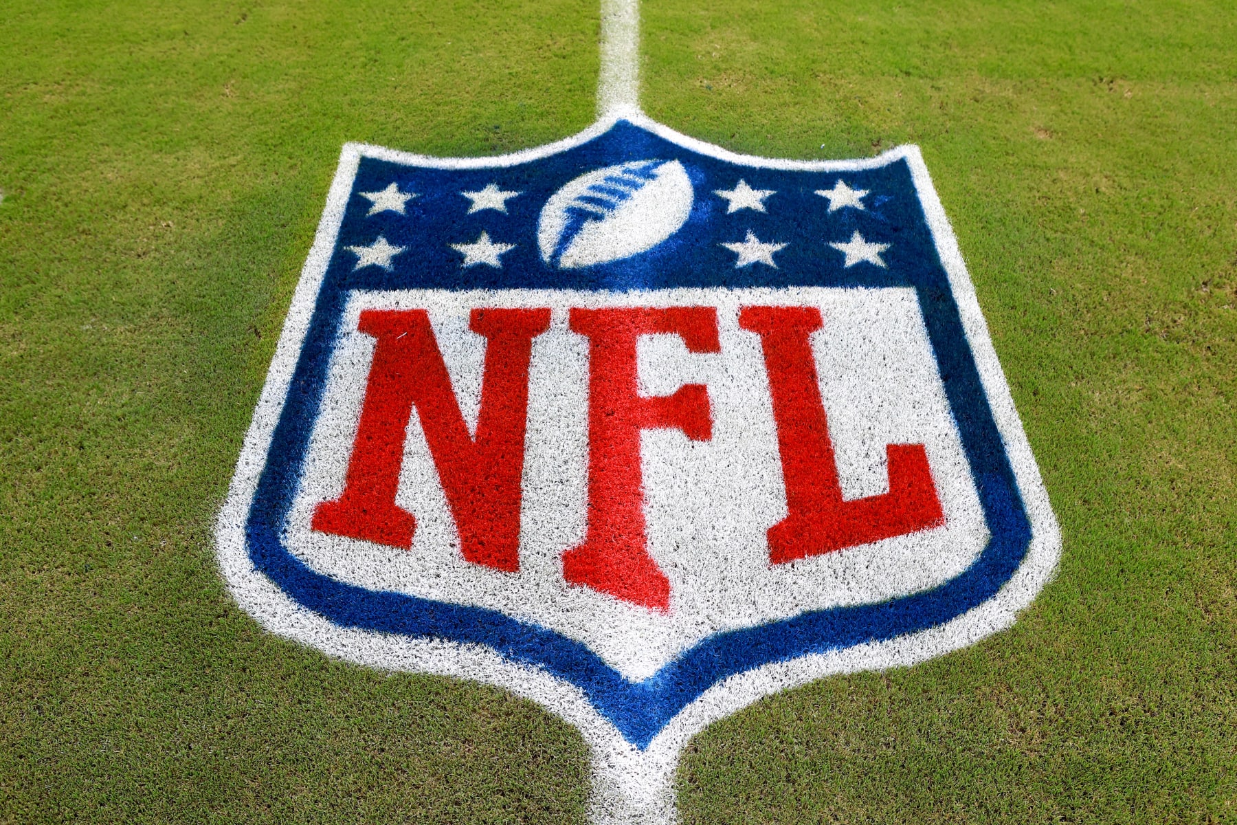 MIAMI GARDENS, FLORIDA - AUGUST 11: A detailed view of the NFL logo is seen on the field prior to a preseason game between the Atlanta Falcons and Miami Dolphins at Hard Rock Stadium on August 11, 2023 in Miami Gardens, Florida. (Photo by Megan Briggs/Getty Images)