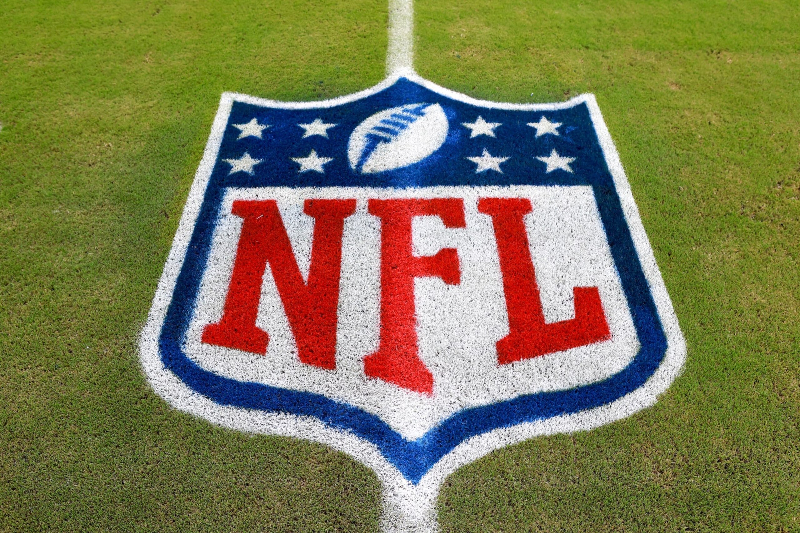 MIAMI GARDENS, FLORIDA - AUGUST 11: A detailed view of the NFL logo is seen on the field prior to a preseason game between the Atlanta Falcons and Miami Dolphins at Hard Rock Stadium on August 11, 2023 in Miami Gardens, Florida. (Photo by Megan Briggs/Getty Images)