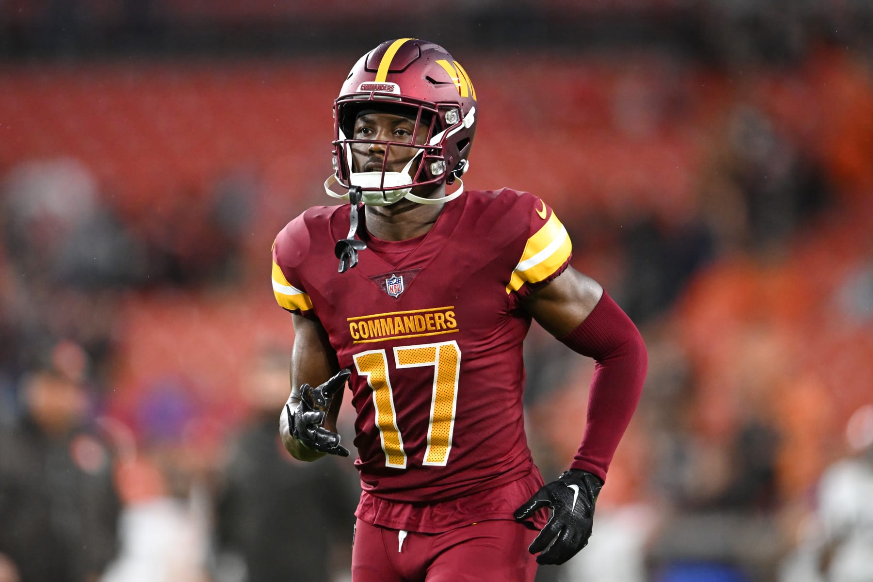CLEVELAND, OHIO - AUGUST 11: Terry McLaurin #17 of the Washington Commanders warms up prior to a preseason game against the Cleveland Browns at Cleveland Browns Stadium on August 11, 2023 in Cleveland, Ohio. (Photo by Nick Cammett/Diamond Images via Getty Images)