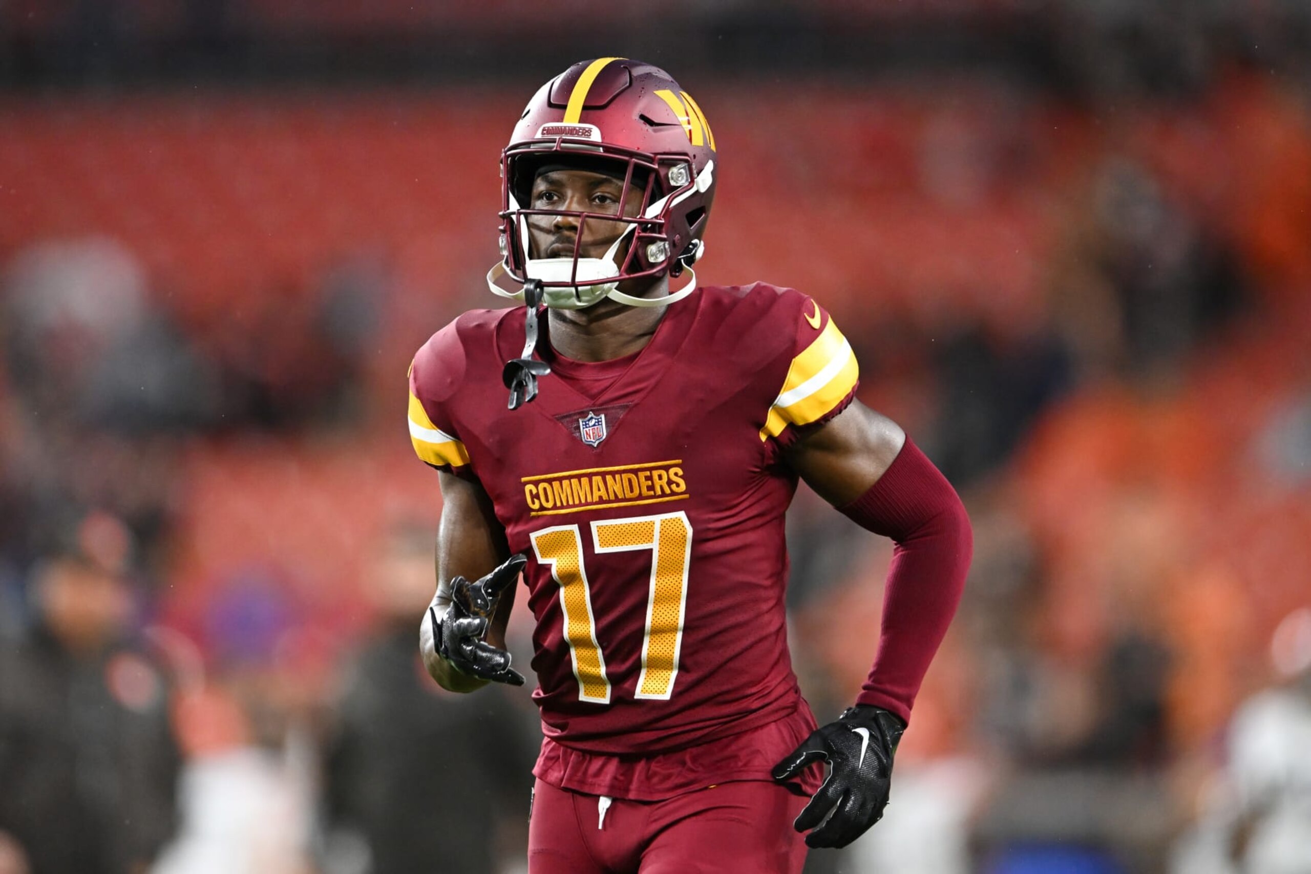 CLEVELAND, OHIO - AUGUST 11: Terry McLaurin #17 of the Washington Commanders warms up prior to a preseason game against the Cleveland Browns at Cleveland Browns Stadium on August 11, 2023 in Cleveland, Ohio. (Photo by Nick Cammett/Diamond Images via Getty Images)