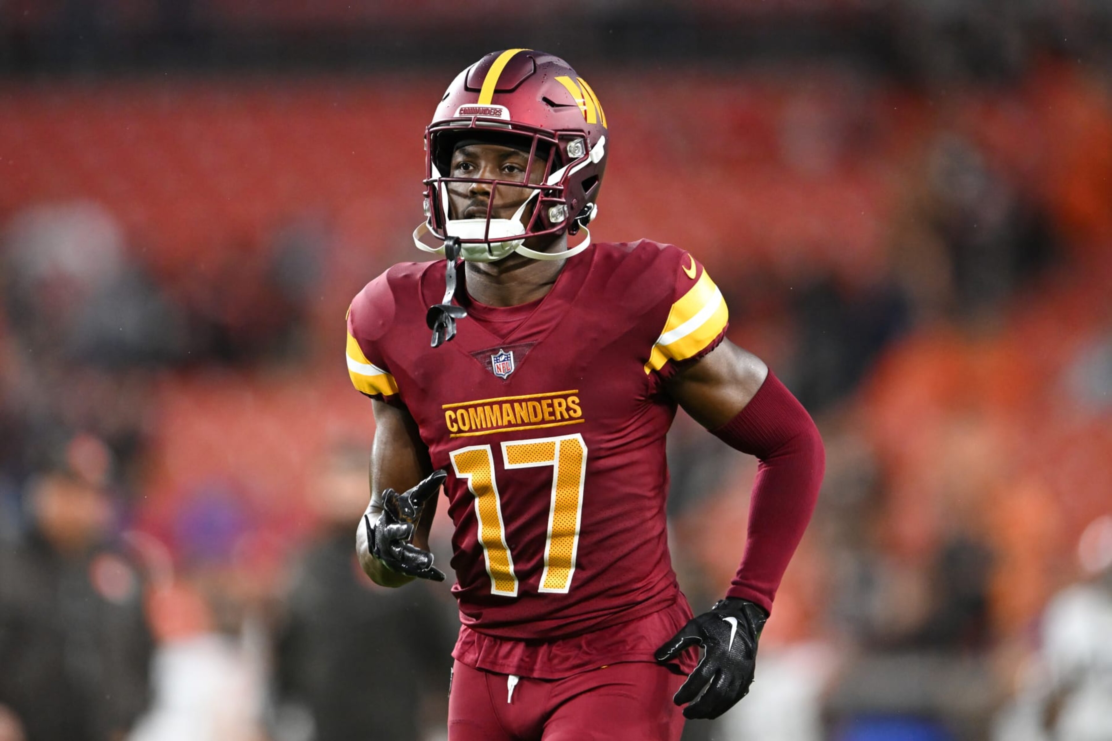 CLEVELAND, OHIO - AUGUST 11: Terry McLaurin #17 of the Washington Commanders warms up prior to a preseason game against the Cleveland Browns at Cleveland Browns Stadium on August 11, 2023 in Cleveland, Ohio. (Photo by Nick Cammett/Diamond Images via Getty Images) CLEVELAND, OHIO - AUGUST 11: Terry McLaurin #17 of the Washington Commanders warms up prior to a preseason game against the Cleveland Browns at Cleveland Browns Stadium on August 11, 2023 in Cleveland, Ohio. (Photo by Nick Cammett/Diamond Images via Getty Images)
