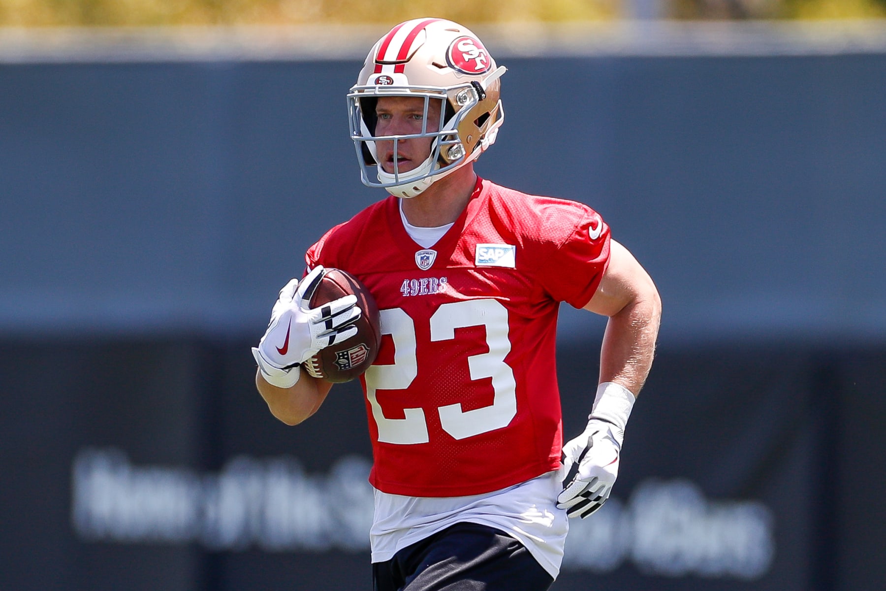 SANTA CLARA, CA - MAY 31: San Francisco 49ers running back Christian McCaffrey (23) takes part in a drill during the team's OTA practice on May 31, 2023, at the SAP Performance Facility in Santa Clara, CA. (Photo by Brandon Sloter/Icon Sportswire via Getty Images)