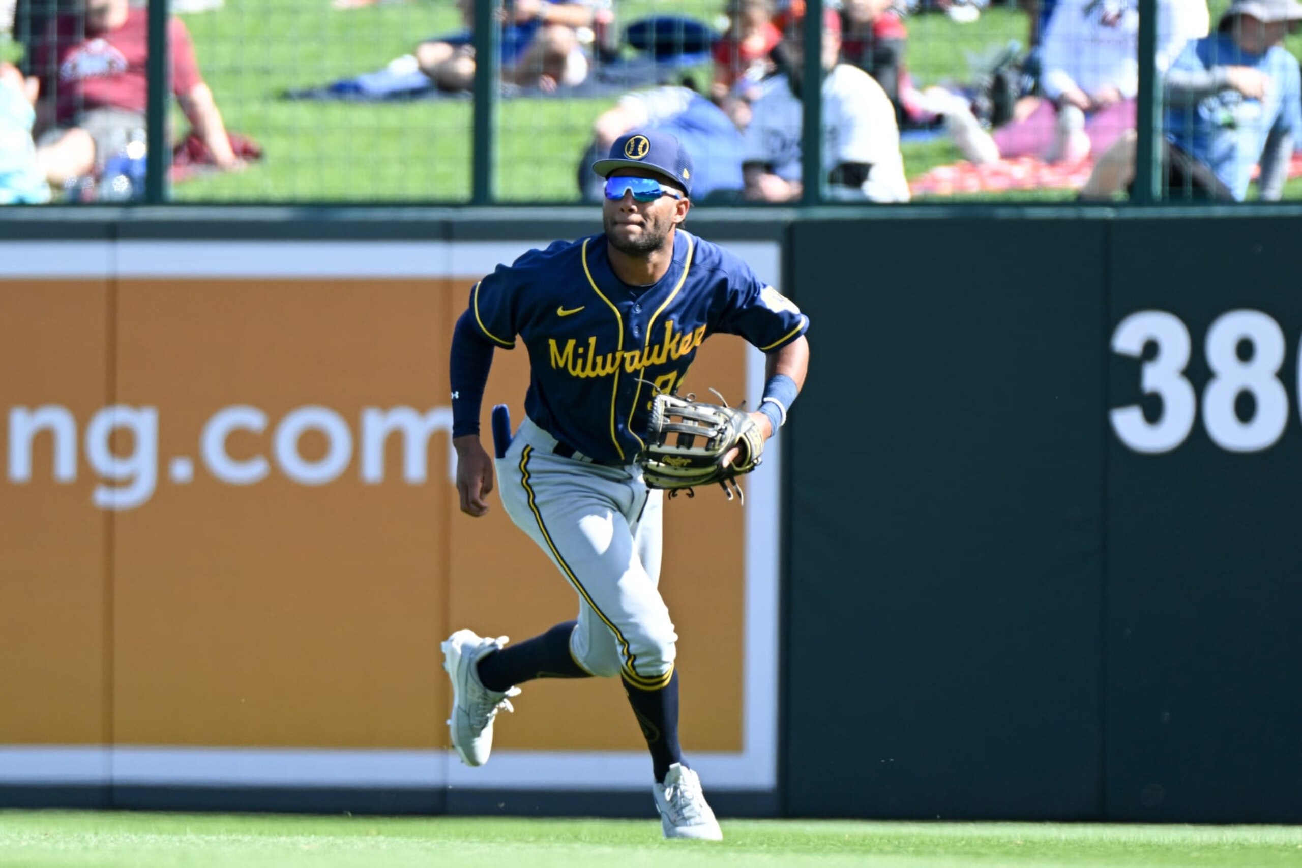 GLENDALE, ARIZONA - MARCH 24, 2023: Jackson Chourio #94 of the Milwaukee Brewers fields a fly ball during the seventh inning of a spring training game against the Los Angeles Dodgers at Camelback Ranch on March 24, 2023 in Glendale, Arizona. (Photo by David Durochik/Diamond Images via Getty Images)