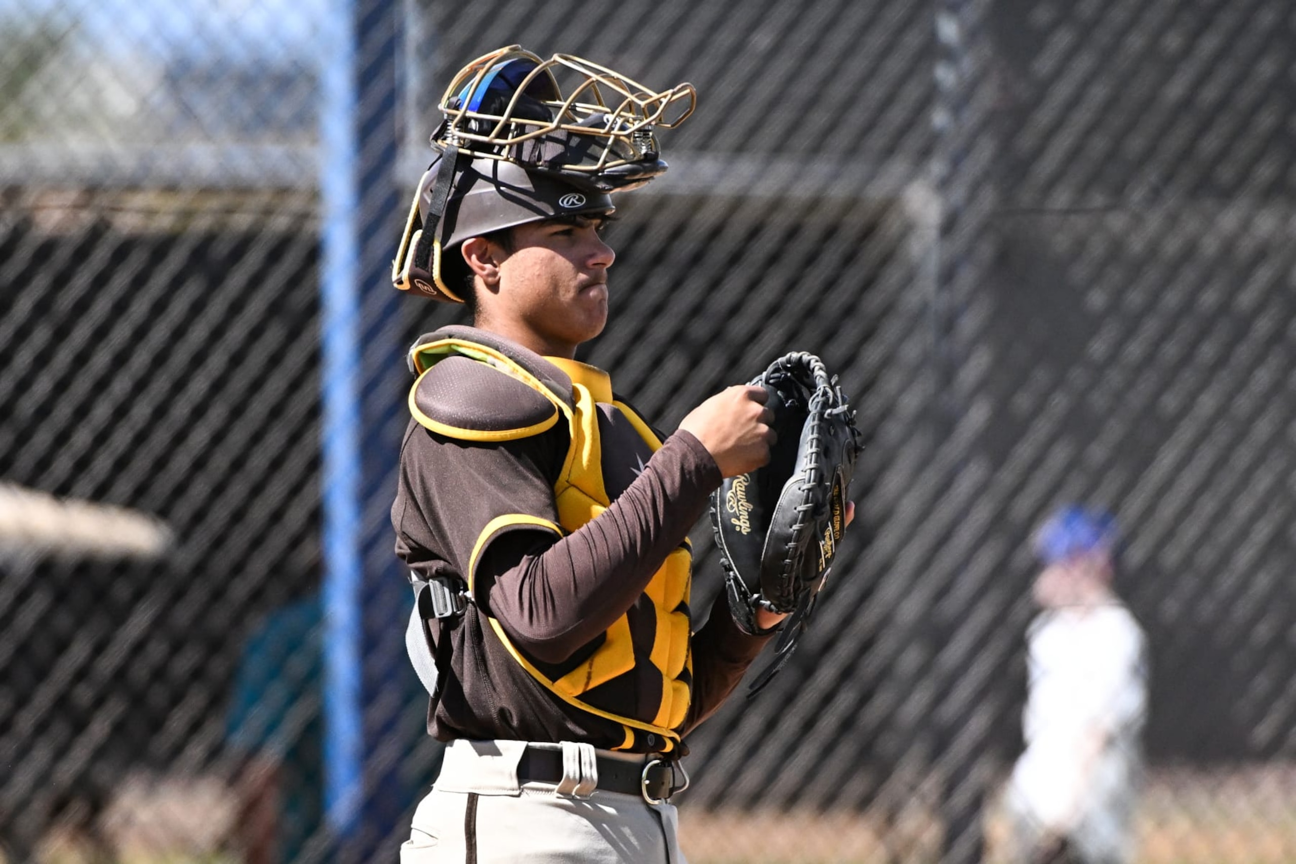PEORIA, ARIZONA - MARCH 23, 2023: Ethan Salas #85 of the San Diego Padres looks on during a minor league spring training game against the Seattle Mariners at the Peoria Sports Complex on March 23, 2023 in Peoria, Arizona. (Photo by Chris Bernacchi/Diamond Images via Getty Images)