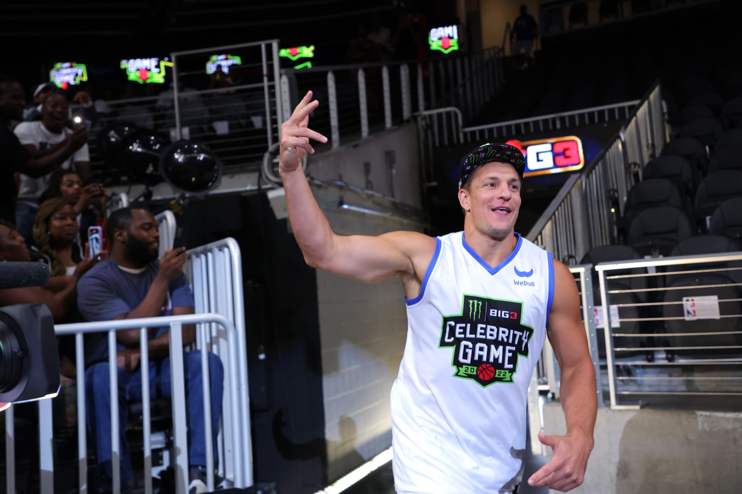 ATLANTA, GEORGIA - AUGUST 21: Rob Gronkowski enters the arena during the celebrity game prior to the BIG3 Championship at State Farm Arena on August 21, 2022 in Atlanta, Georgia. (Photo by Kevin C. Cox/Getty Images for BIG3) ATLANTA, GEORGIA - AUGUST 21: Rob Gronkowski enters the arena during the celebrity game prior to the BIG3 Championship at State Farm Arena on August 21, 2022 in Atlanta, Georgia. (Photo by Kevin C. Cox/Getty Images for BIG3)