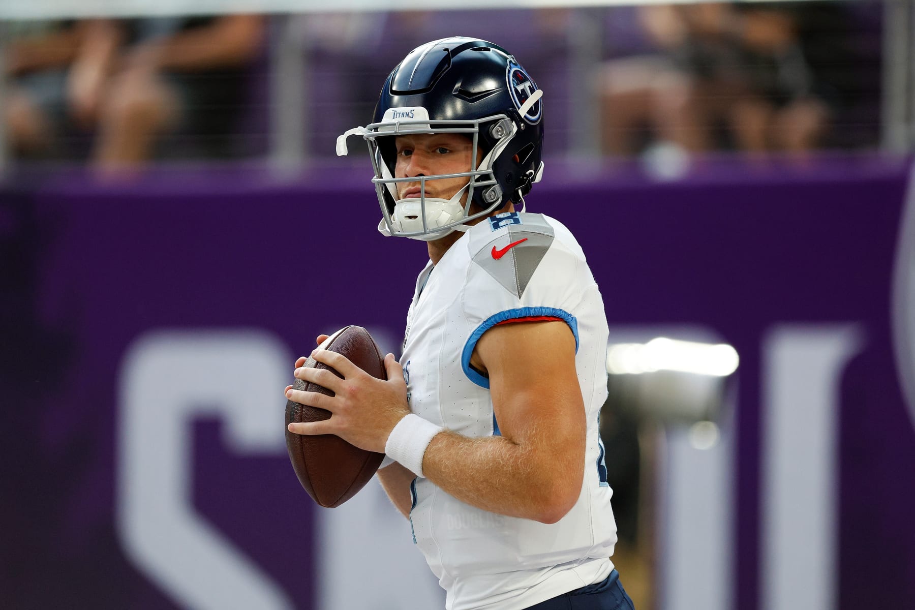 MINNEAPOLIS, MINNESOTA - AUGUST 19: Will Levis #8 of the Tennessee Titans warms up prior to the start of a preseason game against the Minnesota Vikings at U.S. Bank Stadium on August 19, 2023 in Minneapolis, Minnesota. (Photo by David Berding/Getty Images)