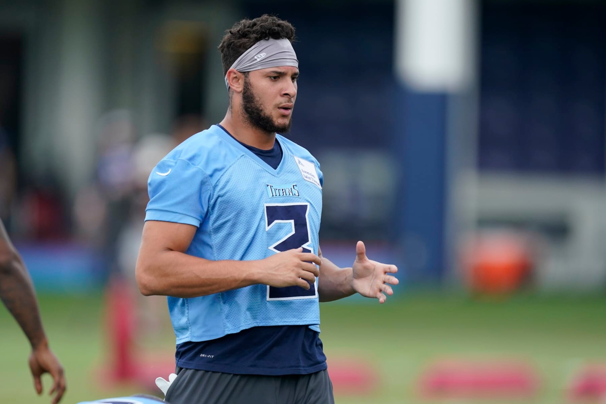 Tennessee Titans cornerback Caleb Farley warms up during training camp at the NFL football team's practice facility Thursday, July 28, 2022, in Nashville, Tenn. (AP Photo/Mark Humphrey)