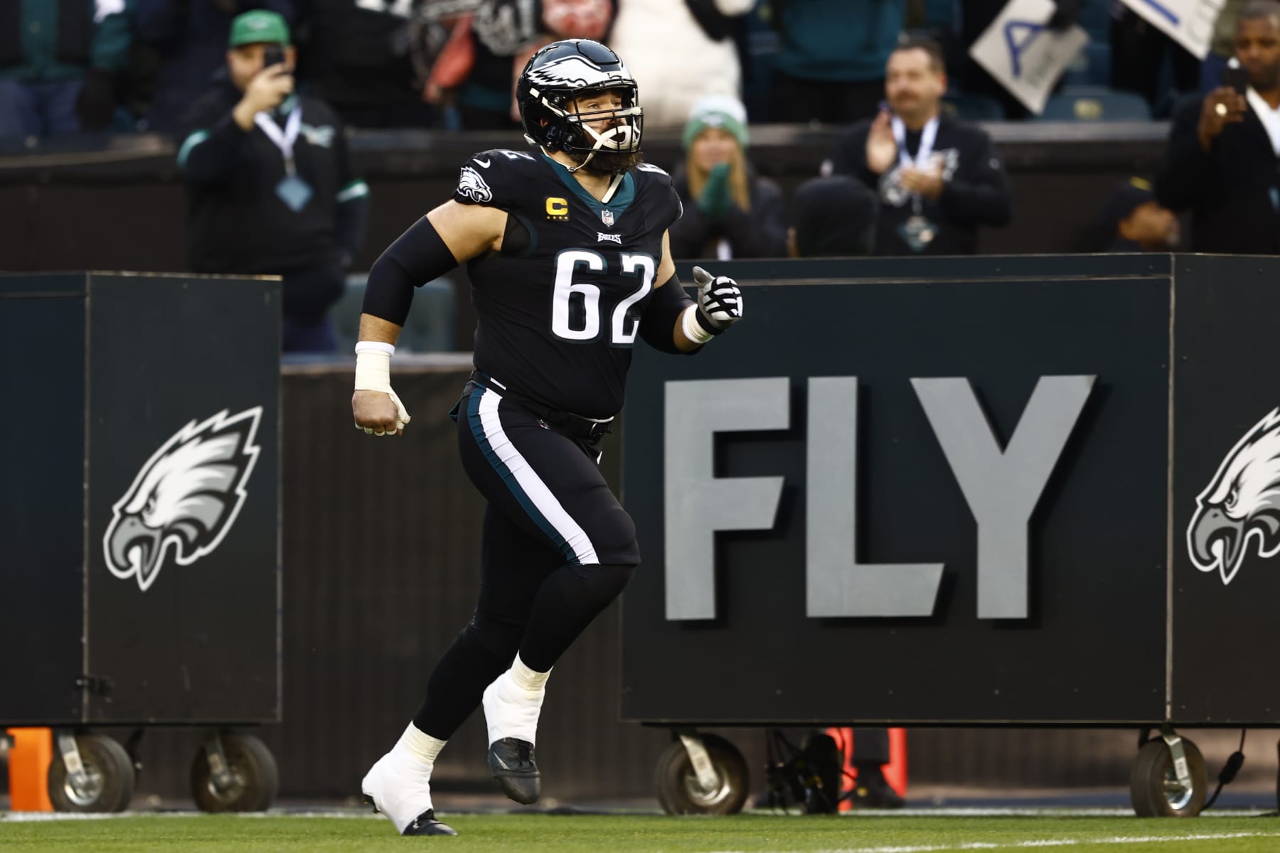 Philadelphia Eagles center Jason Kelce (62) is introduced before an NFL football game against the New York Giants, Sunday, Jan. 8, 2023, in Philadelphia. (AP Photo/Rich Schultz)