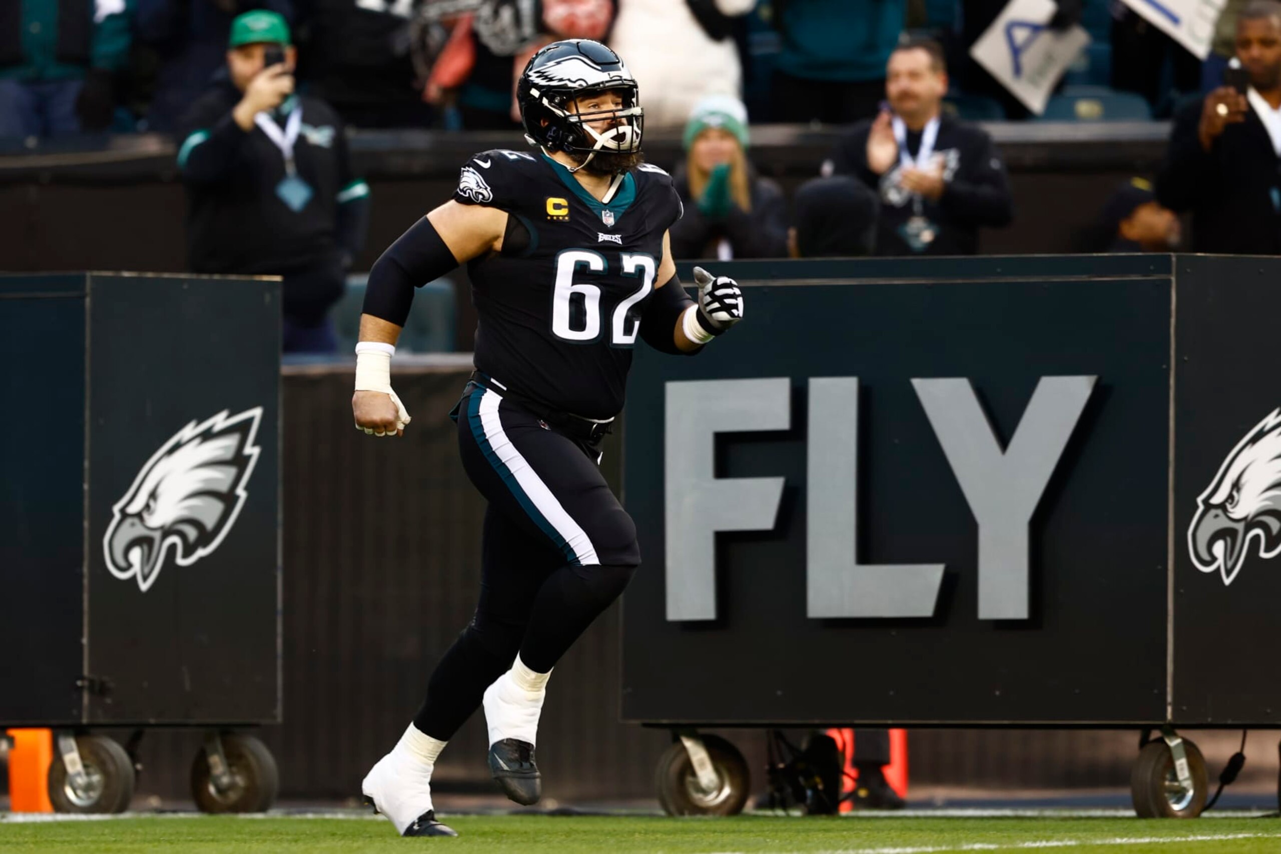 Philadelphia Eagles center Jason Kelce (62) is introduced before an NFL football game against the New York Giants, Sunday, Jan. 8, 2023, in Philadelphia. (AP Photo/Rich Schultz)