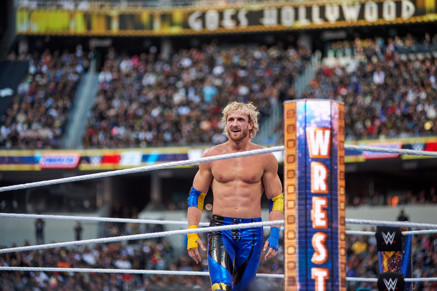 INGLEWOOD, CALIFORNIA - APRIL 01: Logan Paul in the ring during WrestleMania 39 at SoFi Stadium on April 01, 2023 in Inglewood, California. (Photo by Unique Nicole/Getty Images)