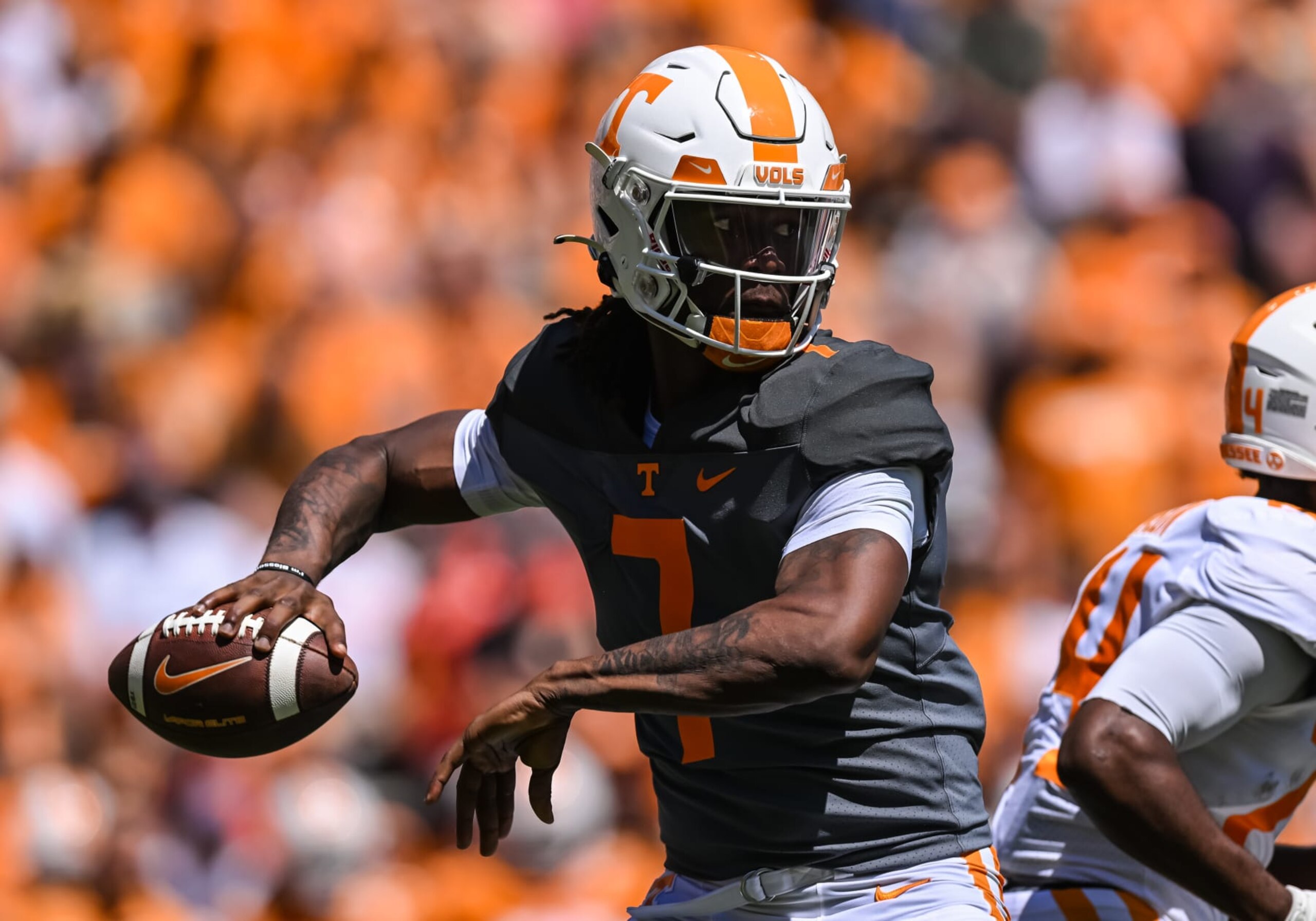 KNOXVILLE, TN - APRIL 15: Tennessee Volunteers quarterback Joe Milton III (7) throws a pass during the Tennessee Volunteers spring game on April 15, 2023, at Neyland Stadium, in Knoxville, TN. (Photo by Bryan Lynn/Icon Sportswire via Getty Images)