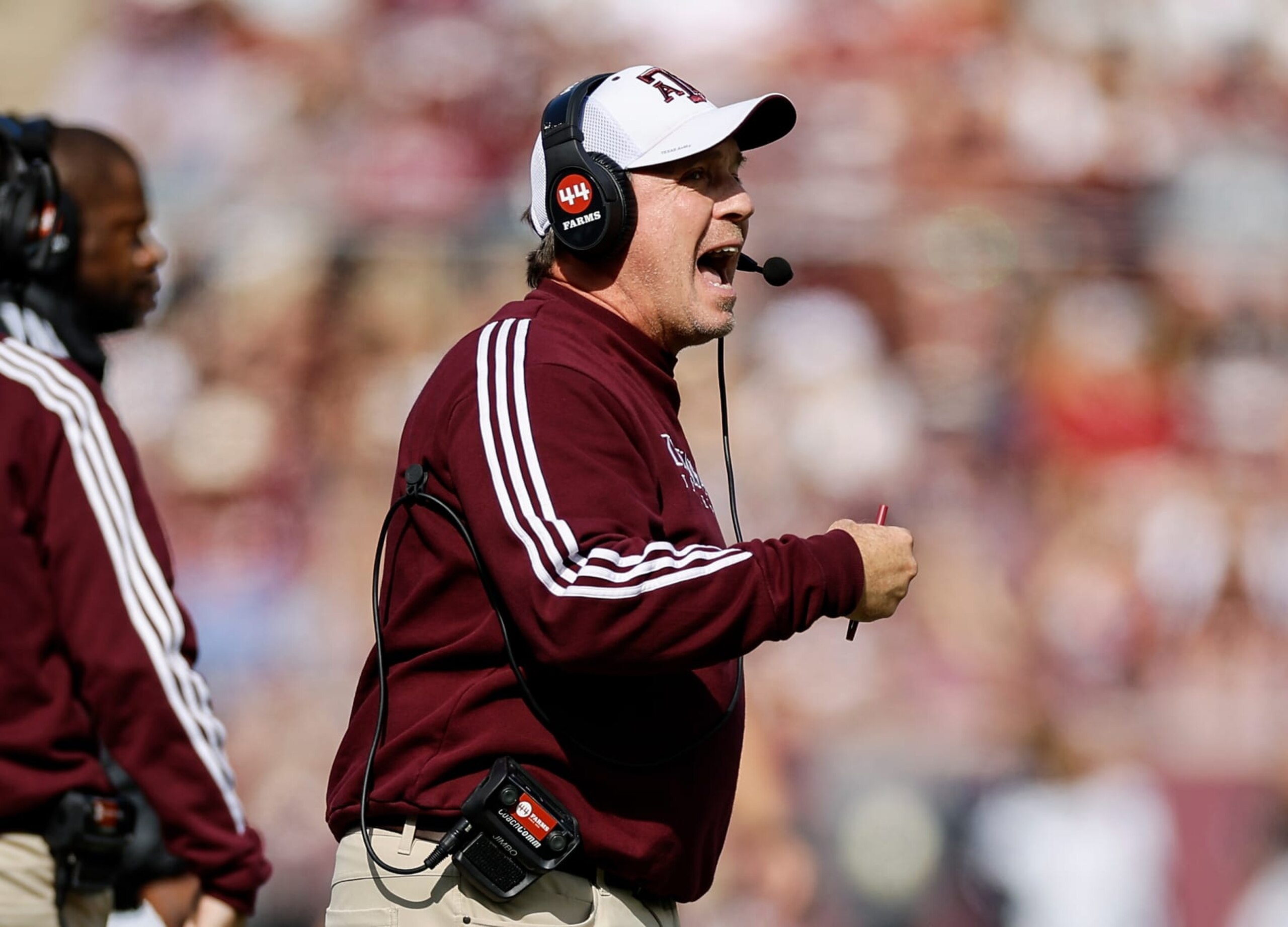 COLLEGE STATION, TEXAS - NOVEMBER 05: Head coach Jimbo Fisher of the Texas A&M Aggies reacts in the second half against the Florida Gators at Kyle Field on November 05, 2022 in College Station, Texas. (Photo by Tim Warner/Getty Images)