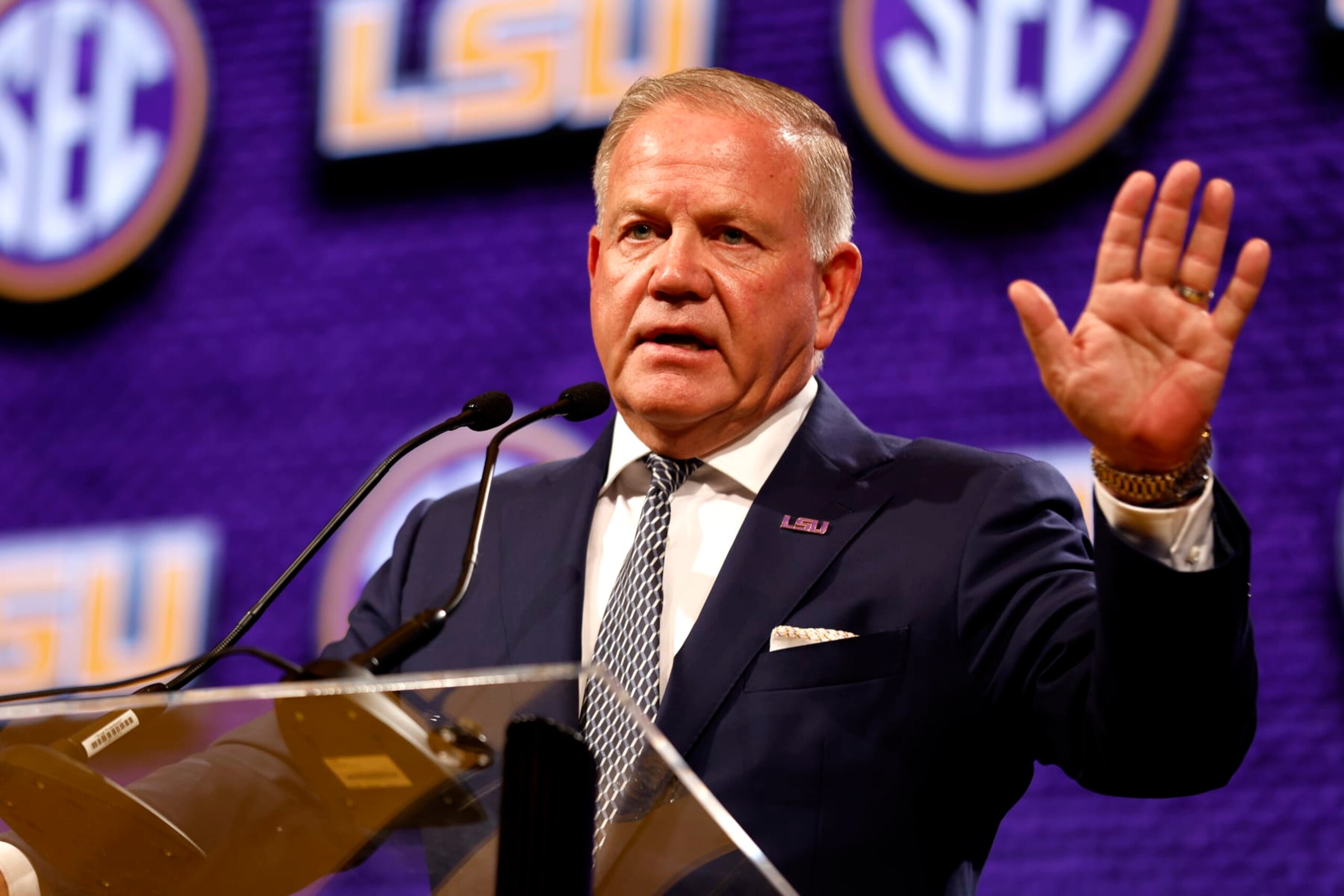 NASHVILLE, TENNESSEE - JULY 17: Head Coach Brian Kelly of the LSU Tigers speaks during Day 1 of 2023 SEC Media Days at Grand Hyatt Nashville on July 17, 2023 in Nashville, Tennessee. (Photo by Johnnie Izquierdo/Getty Images)