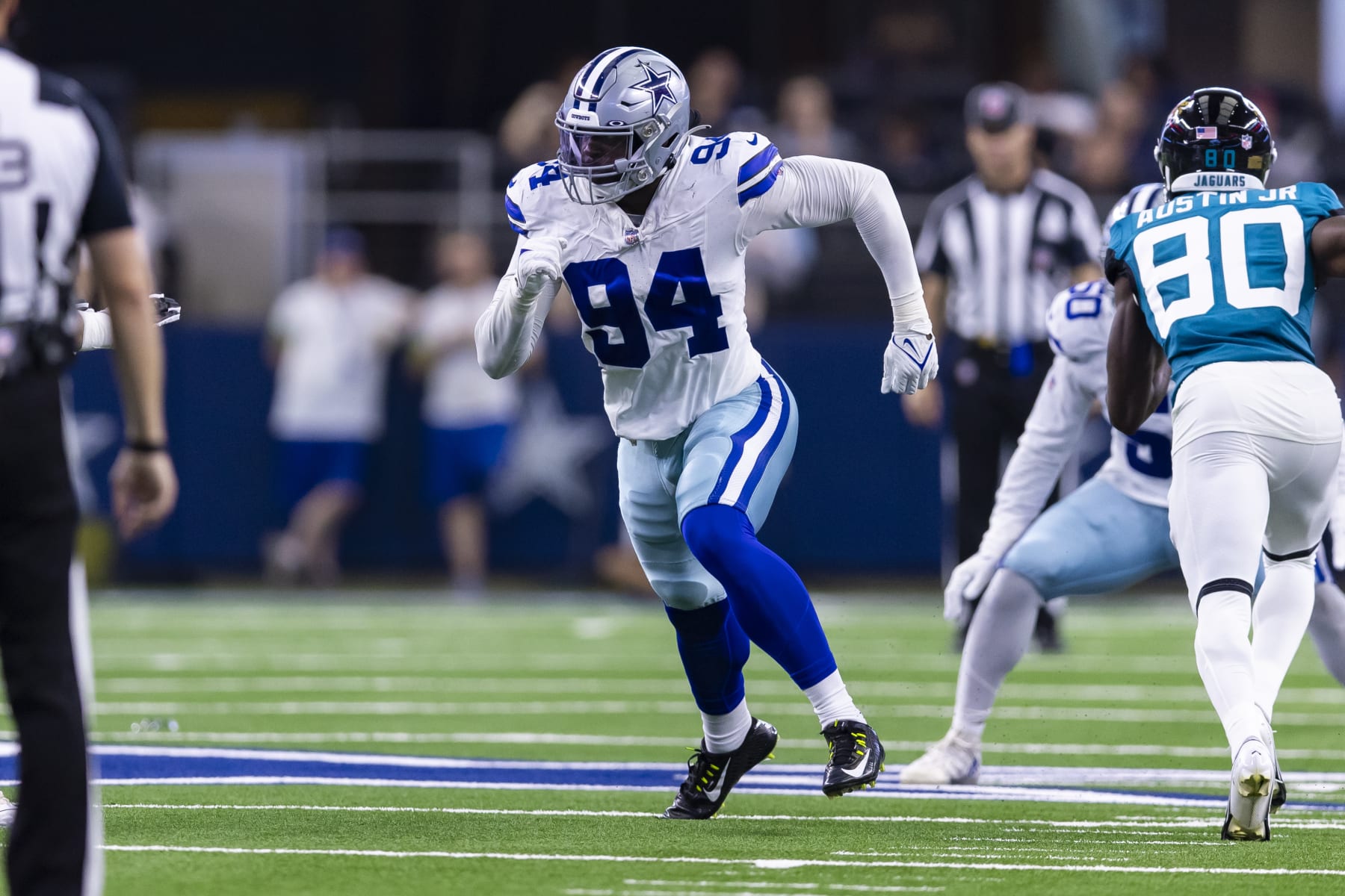 Dallas Cowboys defensive end Ben Banogu (94) is seen during the second half of an NFL football game against the Jacksonville Jaguars, Saturday, Aug. 12, 2023, in Arlington, Texas. Jacksonville won 28-23. (AP Photo/Brandon Wade)
