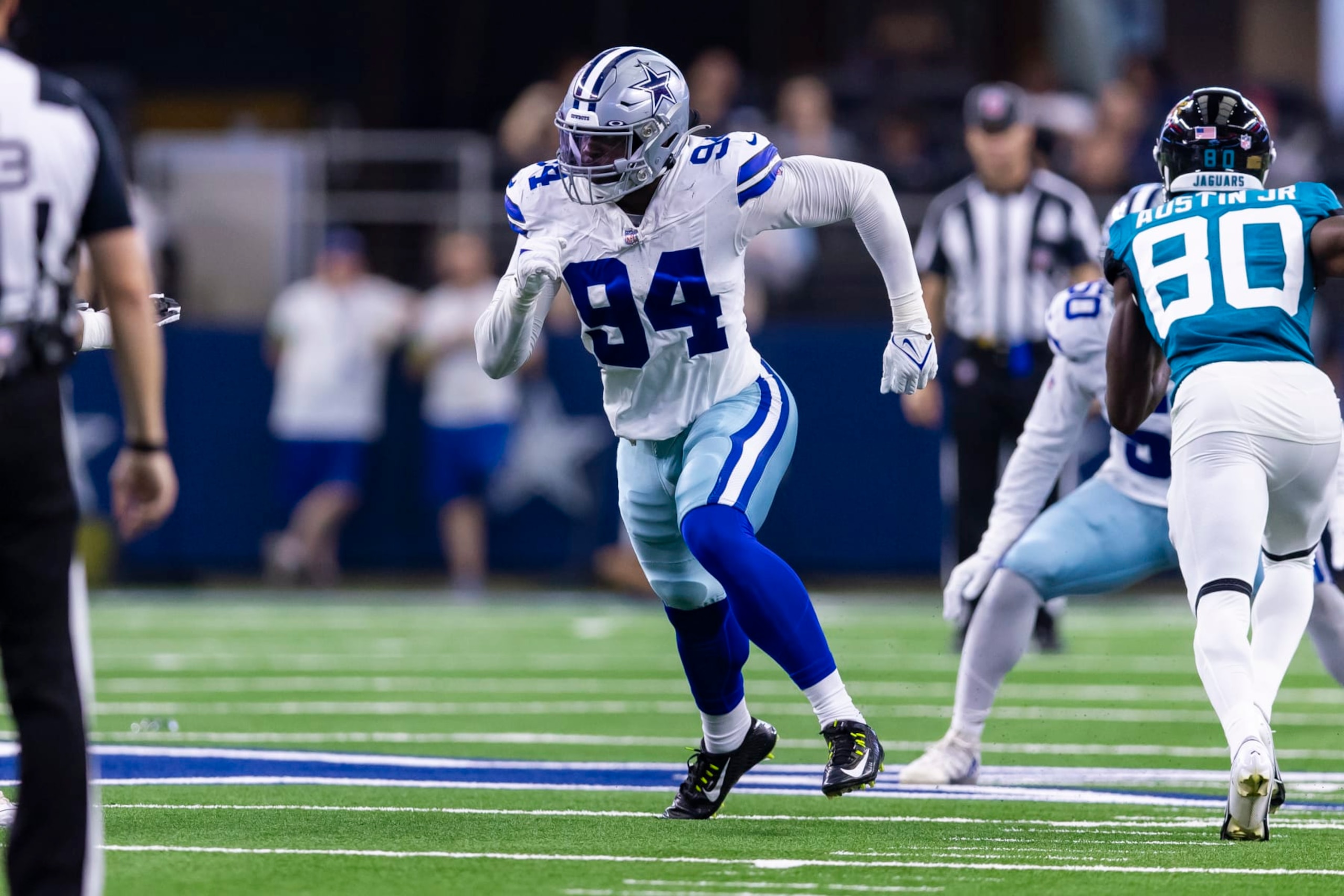 Dallas Cowboys defensive end Ben Banogu (94) is seen during the second half of an NFL football game against the Jacksonville Jaguars, Saturday, Aug. 12, 2023, in Arlington, Texas. Jacksonville won 28-23. (AP Photo/Brandon Wade)