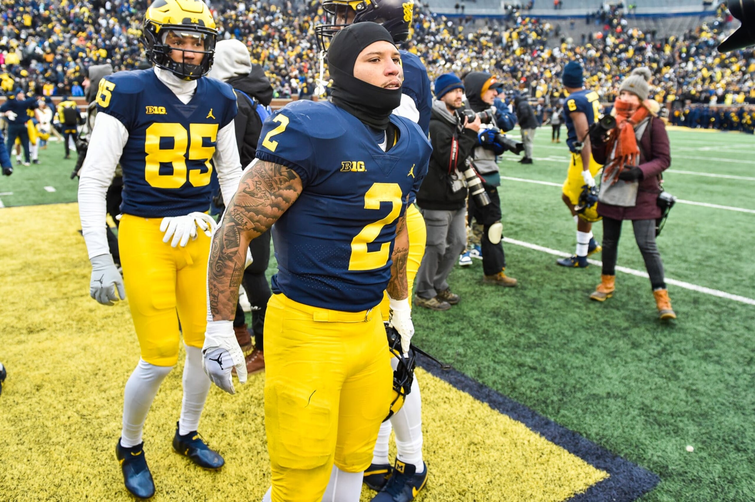 ANN ARBOR, MICHIGAN - NOVEMBER 19: Blake Corum #2 of the Michigan Wolverines walks off the field after a 19-17 win over the Illinois Fighting Illini at Michigan Stadium on November 19, 2022 in Ann Arbor, Michigan.  (Photo by Aaron J. Thornton/Getty Images)