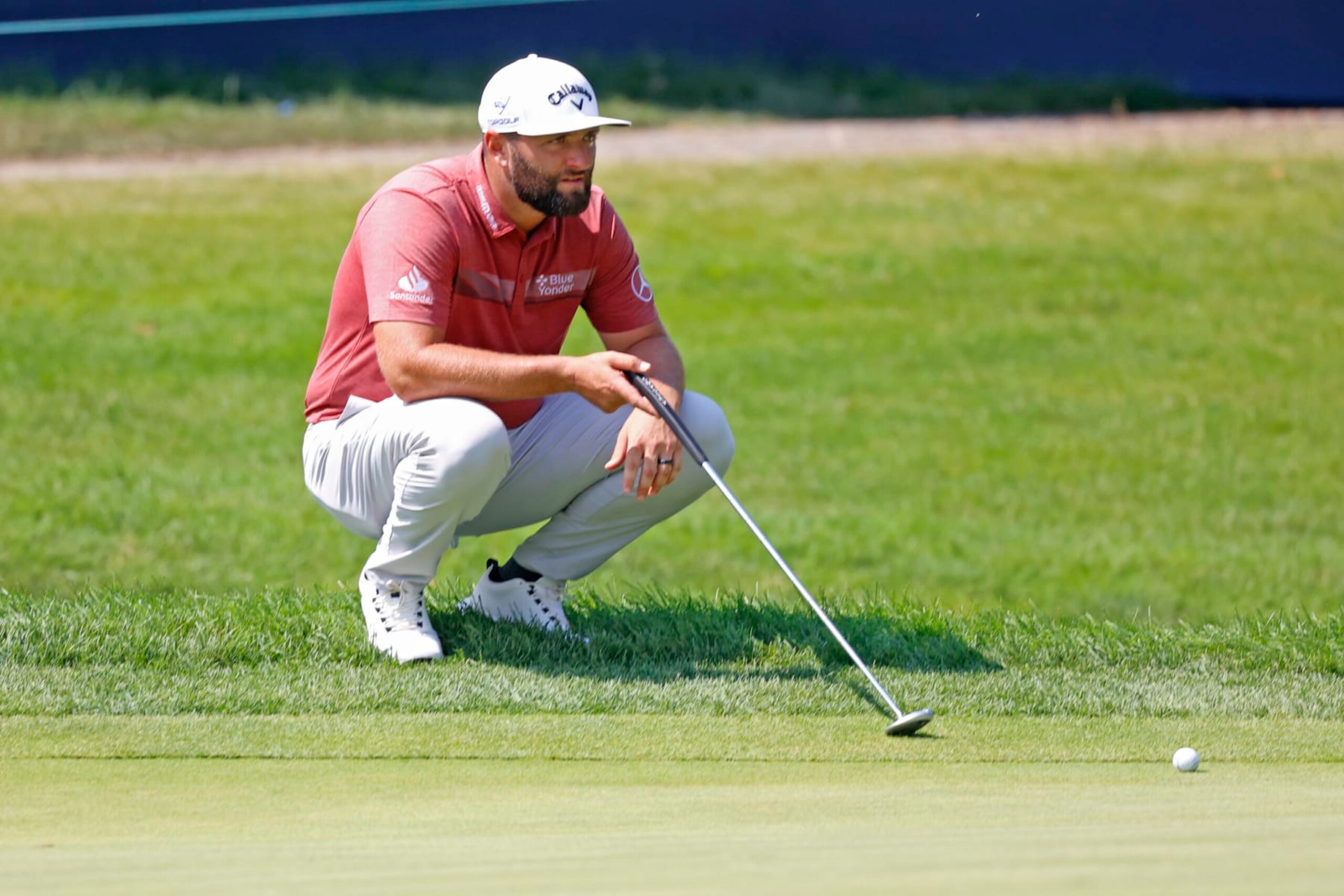 OLYMPIA FIELDS, IL - PGA golfer Jon Rahm lines up a putt on the 13th hole during the final round of the BMW Championship Fed Ex Cup Playoffs on August 20th, 2023, at Olympia Fields Country Club in Olympia Fields, Illinois. (Photo by Brian Spurlock/Icon Sportswire via Getty Images)