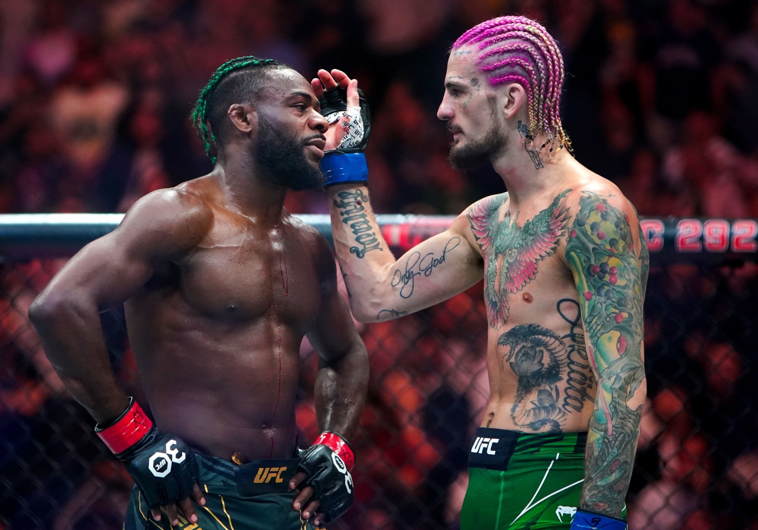 Boston, MA - August 20: Sean O'Malley and Aljamain Sterling following O'Malley's win by TKO for the bantamweight title in the UFC 292 main even at TD Garden. (Photo by Barry Chin/The Boston Globe via Getty Images)