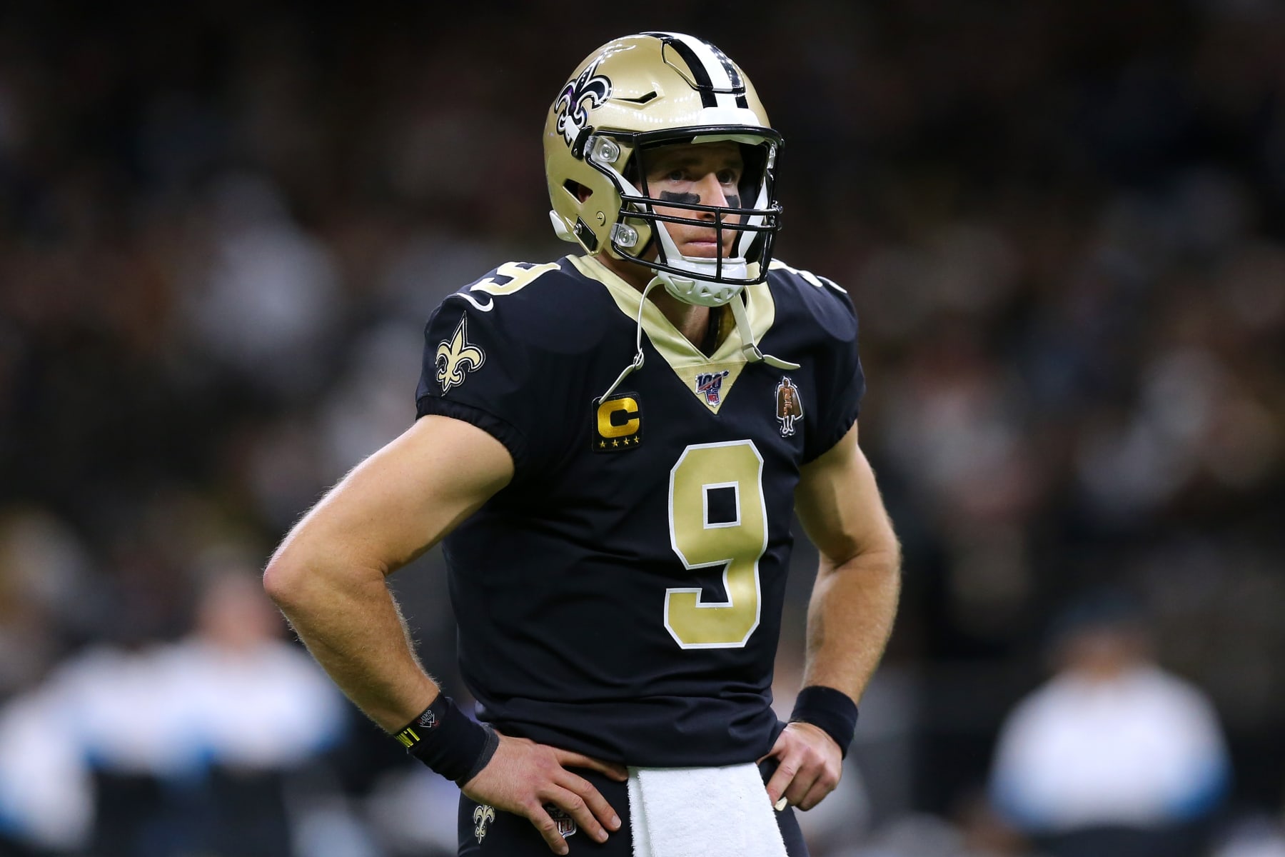 NEW ORLEANS, LOUISIANA - NOVEMBER 24: Drew Brees #9 of the New Orleans Saints reacts during a game against the Carolina Panthers at the Mercedes Benz Superdome on November 24, 2019 in New Orleans, Louisiana. (Photo by Jonathan Bachman/Getty Images)
