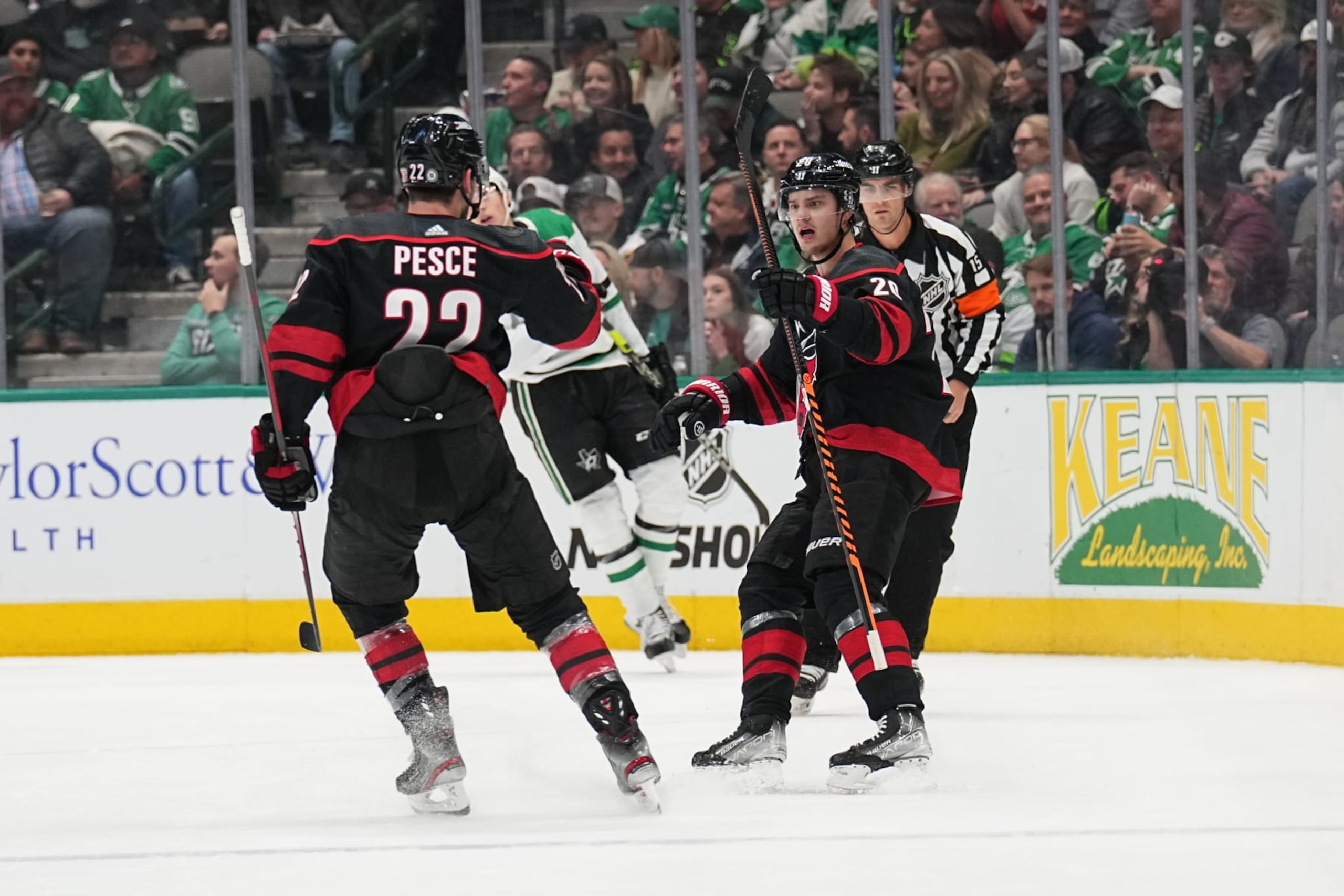 DALLAS, TX - JANUARY 25: Sebastian Aho #20 and Brett Pesce #22 of the Carolina Hurricanes celebrates a goal against the Dallas Stars at the American Airlines Center on January 25, 2023 in Dallas, Texas. (Photo by Glenn James/NHLI via Getty Images)