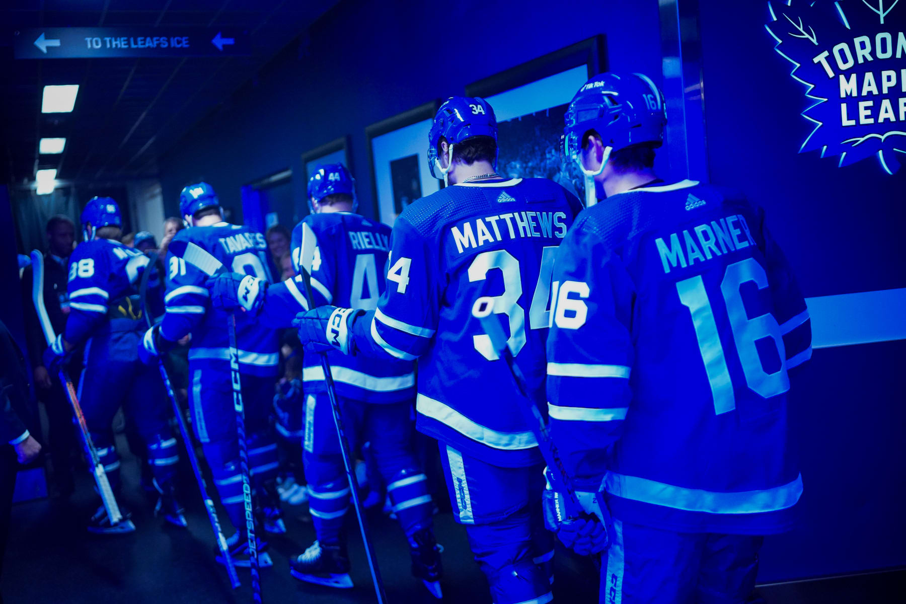 TORONTO, ON - APRIL 18: William Nylander #88, John Tavares #91, Morgan Rielly #44, Auston Matthews #34 and Mitchell Marner #16 of the Toronto Maple Leafs walk to the ice before facing the Tampa Bay Lightning in Game One of the First Round of the 2023 Stanley Cup Playoffs at the Scotiabank Arena on April 18, 2023 in Toronto, Ontario, Canada. (Photo by Mark Blinch/NHLI via Getty Images)