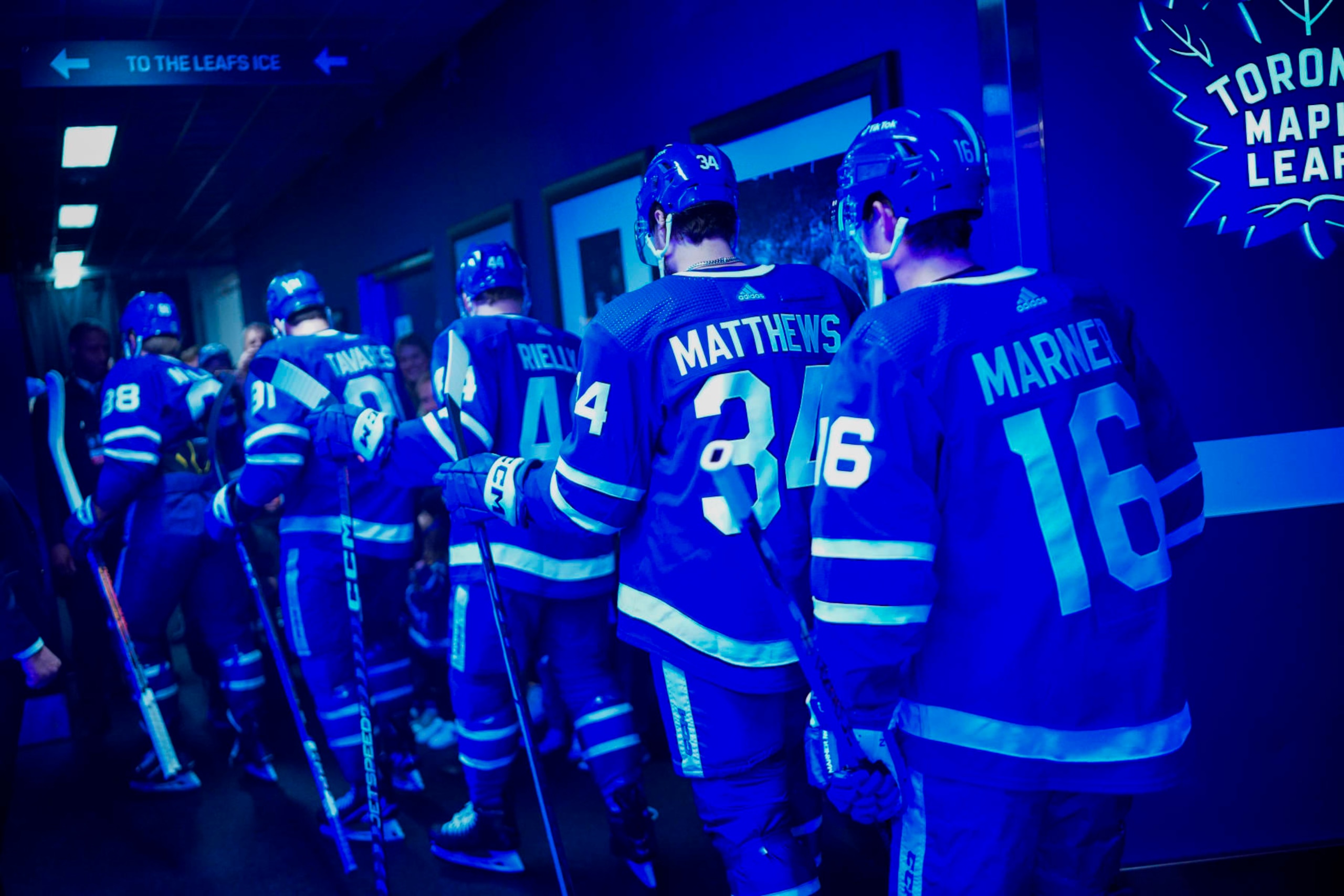 TORONTO, ON - APRIL 18: William Nylander #88, John Tavares #91, Morgan Rielly #44, Auston Matthews #34 and Mitchell Marner #16 of the Toronto Maple Leafs walk to the ice before facing the Tampa Bay Lightning in Game One of the First Round of the 2023 Stanley Cup Playoffs at the Scotiabank Arena on April 18, 2023 in Toronto, Ontario, Canada. (Photo by Mark Blinch/NHLI via Getty Images)