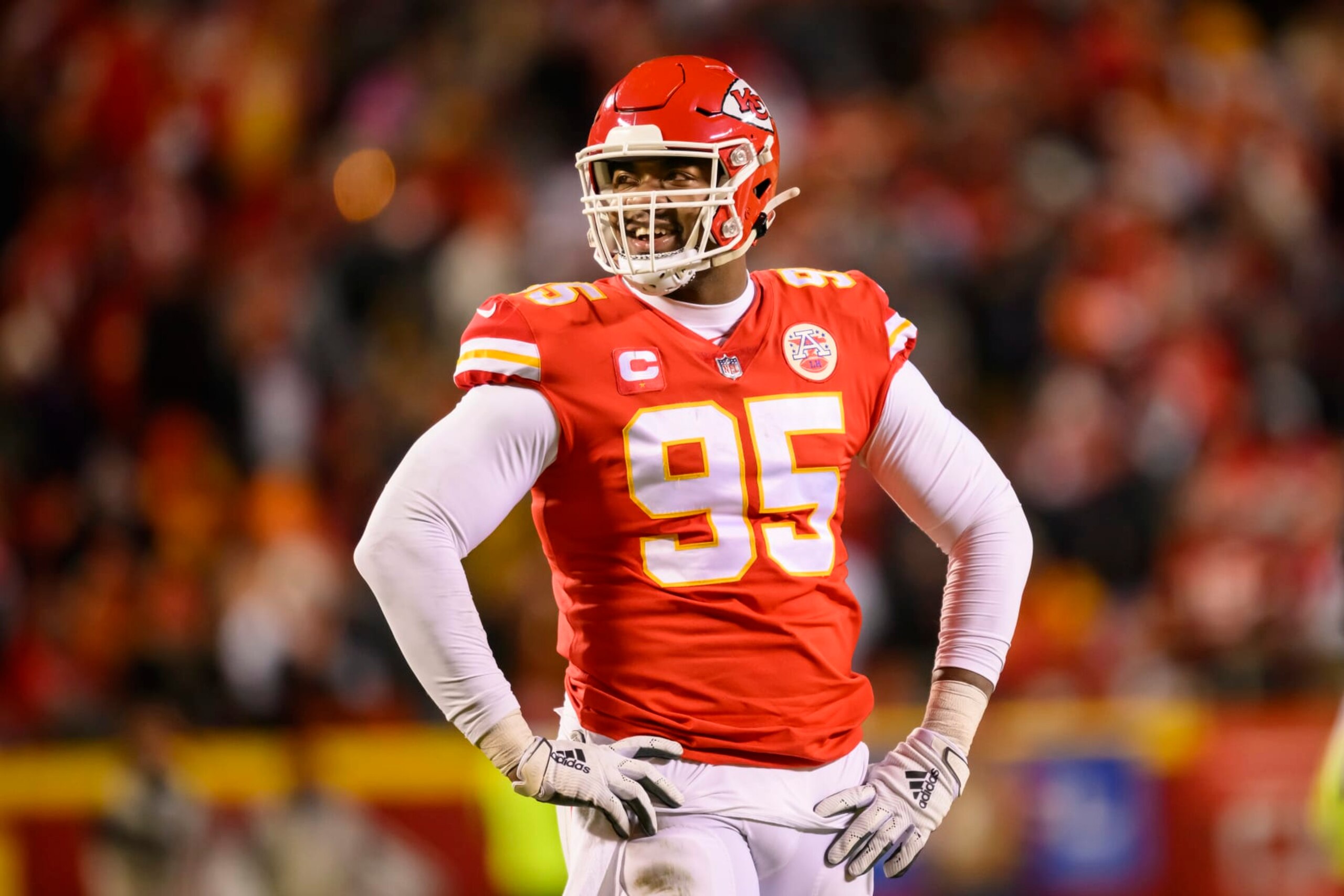 FILE - Kansas City Chiefs defensive tackle Chris Jones smiles during during the second half of the team's NFL AFC championship playoff football game against the Cincinnati Bengals, Jan. 29, 2023 in Kansas City, Mo. Jones, who is entering the final year of his contract with the Chiefs, was absent from the start of Super Bowl champions' mandatory three-day minicamp Tuesday, June 13. (AP Photo/Reed Hoffmann, File) FILE - Kansas City Chiefs defensive tackle Chris Jones smiles during during the second half of the team's NFL AFC championship playoff football game against the Cincinnati Bengals, Jan. 29, 2023 in Kansas City, Mo. Jones, who is entering the final year of his contract with the Chiefs, was absent from the start of Super Bowl champions' mandatory three-day minicamp Tuesday, June 13. (AP Photo/Reed Hoffmann, File)