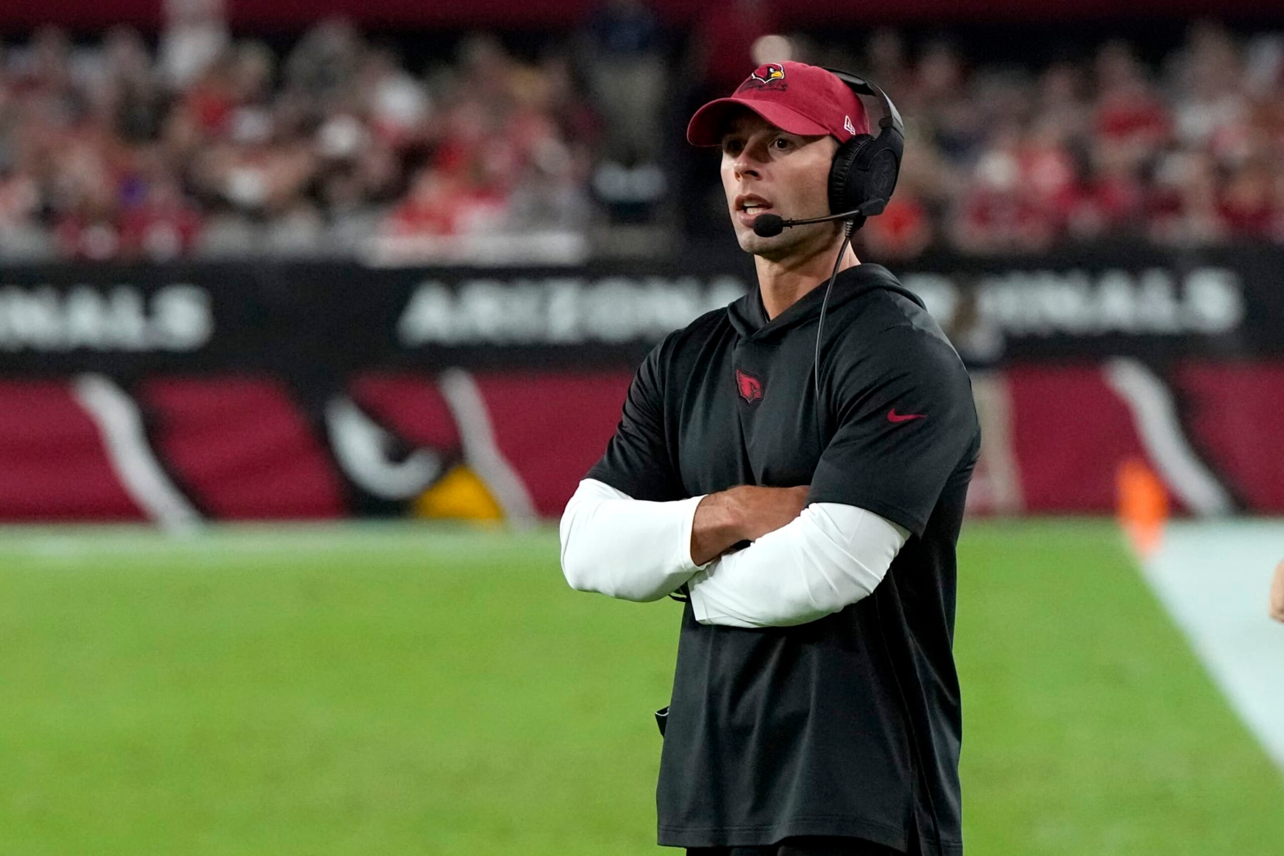 Arizona Cardinals head coach Jonathan Gannon watches during the first half of an NFL preseason football game against the Kansas City Chiefs, Saturday, Aug. 19, 2023, in Glendale, Ariz. (AP Photo/Rick Scuteri)