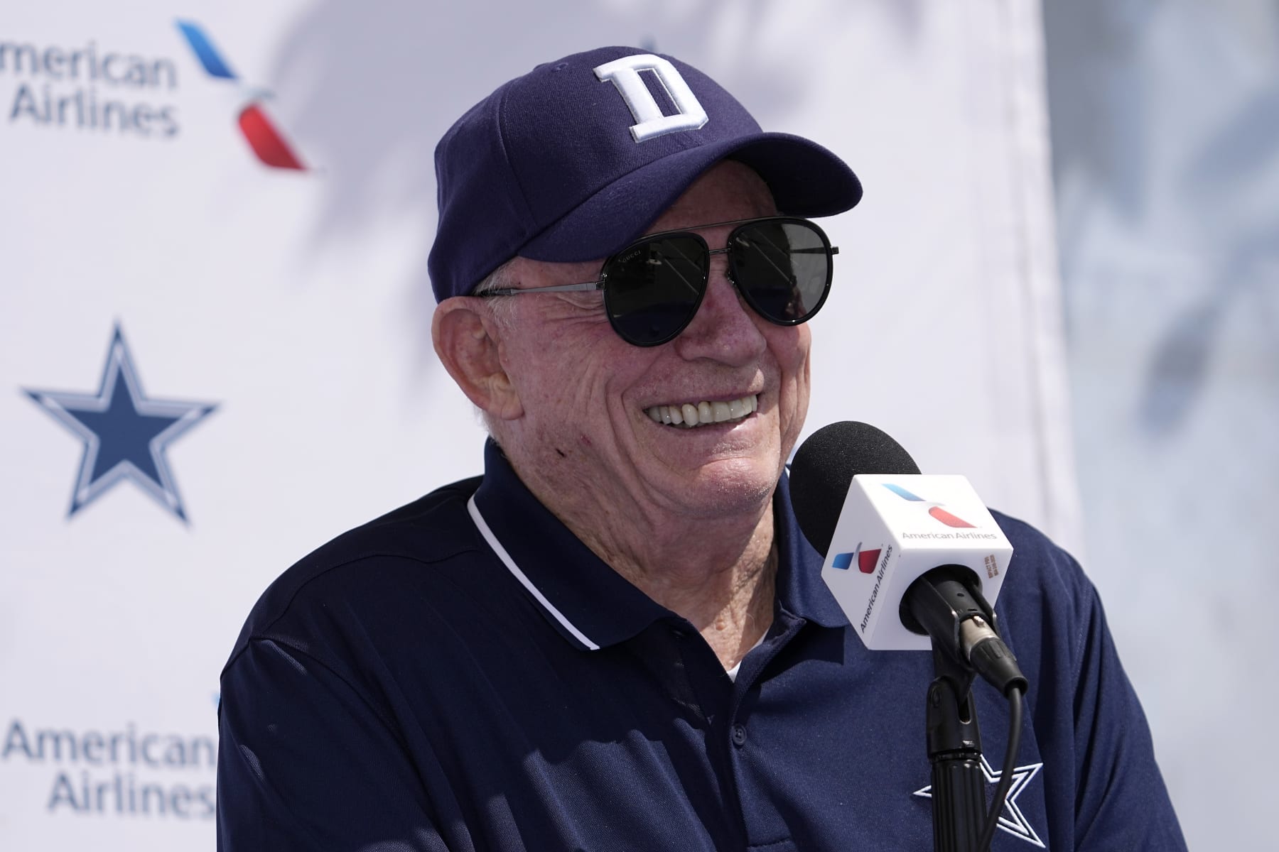 Dallas Cowboys owner Jerry Jones speaks to reporters during a news conference ahead of the NFL football team's training camp Tuesday, July 25, 2023, in Oxnard, Calif. (AP Photo/Mark J. Terrill)