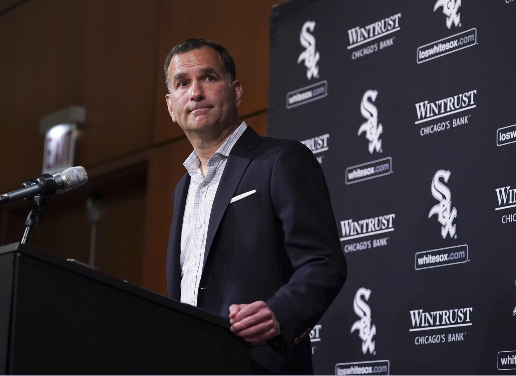 CHICAGO, ILLINOIS - OCTOBER 03: Vice President/General Manager Rick Hahn Senior of the Chicago White Sox speaks during a press conference prior to a game between the Chicago White Sox and the Minnesota Twins at Guaranteed Rate Field on October 03, 2022 in Chicago, Illinois. (Photo by Nuccio DiNuzzo/Getty Images)