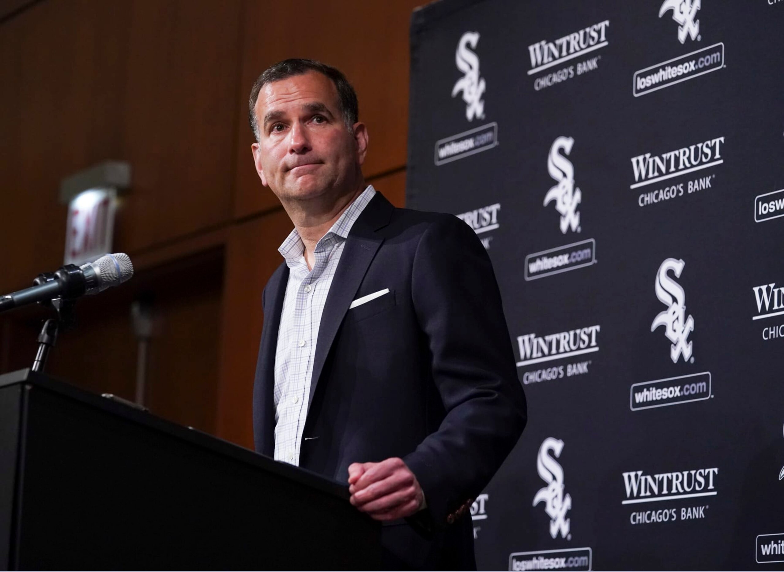 CHICAGO, ILLINOIS - OCTOBER 03: Vice President/General Manager Rick Hahn Senior of the Chicago White Sox speaks during a press conference prior to a game between the Chicago White Sox and the Minnesota Twins at Guaranteed Rate Field on October 03, 2022 in Chicago, Illinois. (Photo by Nuccio DiNuzzo/Getty Images)