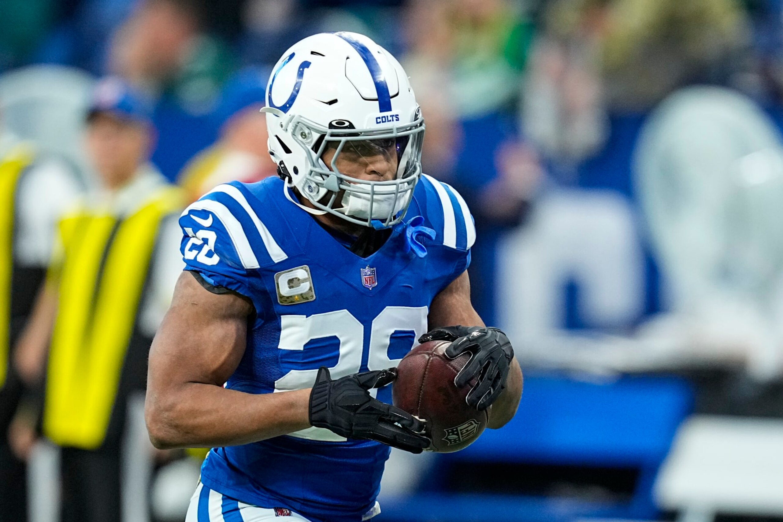Indianapolis Colts running back Jonathan Taylor (28) makes a catch before an NFL football game against the Philadelphia Eagles in Indianapolis, Sunday, Nov. 20, 2022. (AP Photo/Darron Cummings)