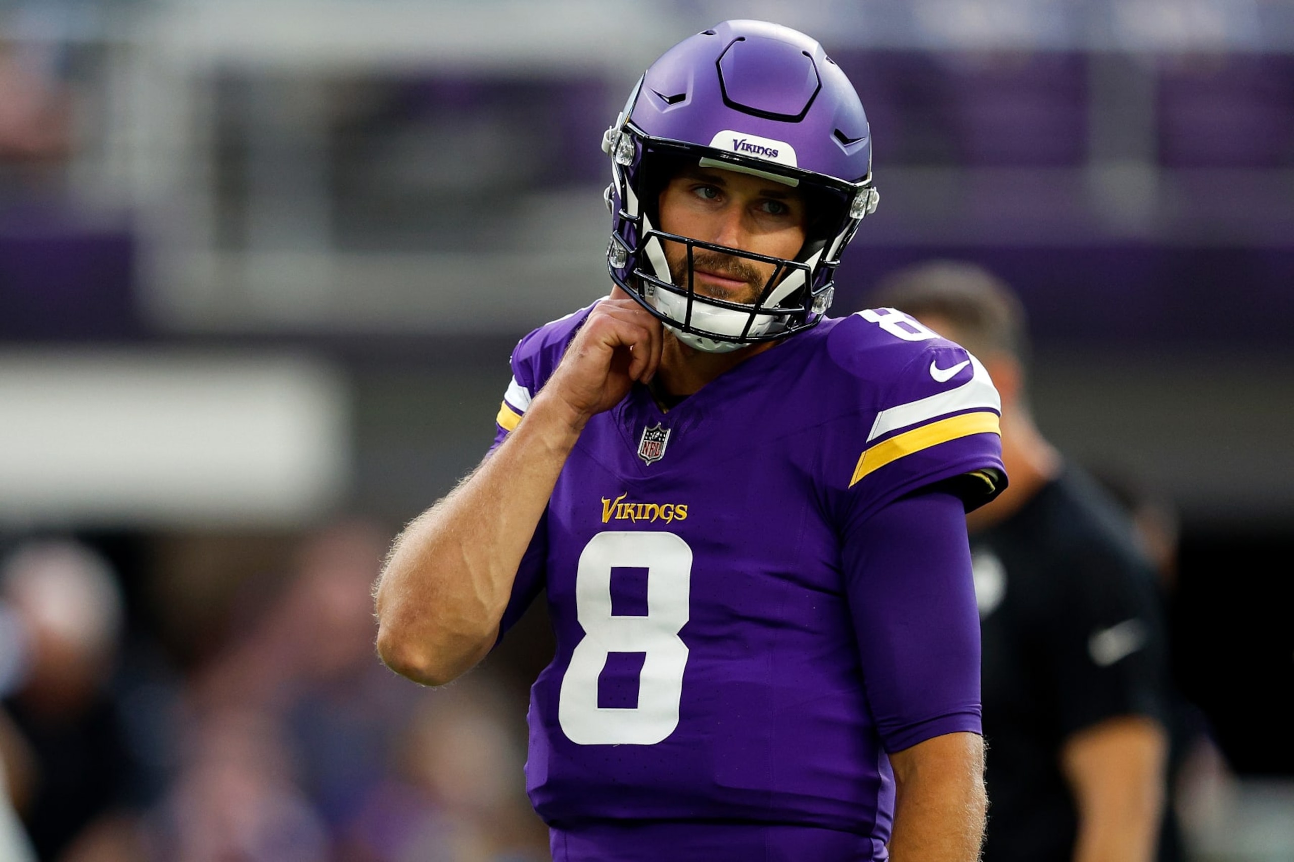 MINNEAPOLIS, MINNESOTA - AUGUST 19: Kirk Cousins #8 of the Minnesota Vikings looks on prior to the start of a preseason game against the Tennessee Titans at U.S. Bank Stadium on August 19, 2023 in Minneapolis, Minnesota. The Titans defeated the Vikings 24-16. (Photo by David Berding/Getty Images)