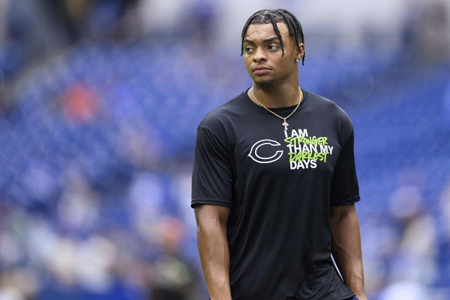 Chicago Bears quarterback Justin Fields (1) on the field before an NFL football game against the Indianapolis Colts, Saturday, Aug. 19, 2023, in Indianapolis. (AP Photo/Zach Bolinger)