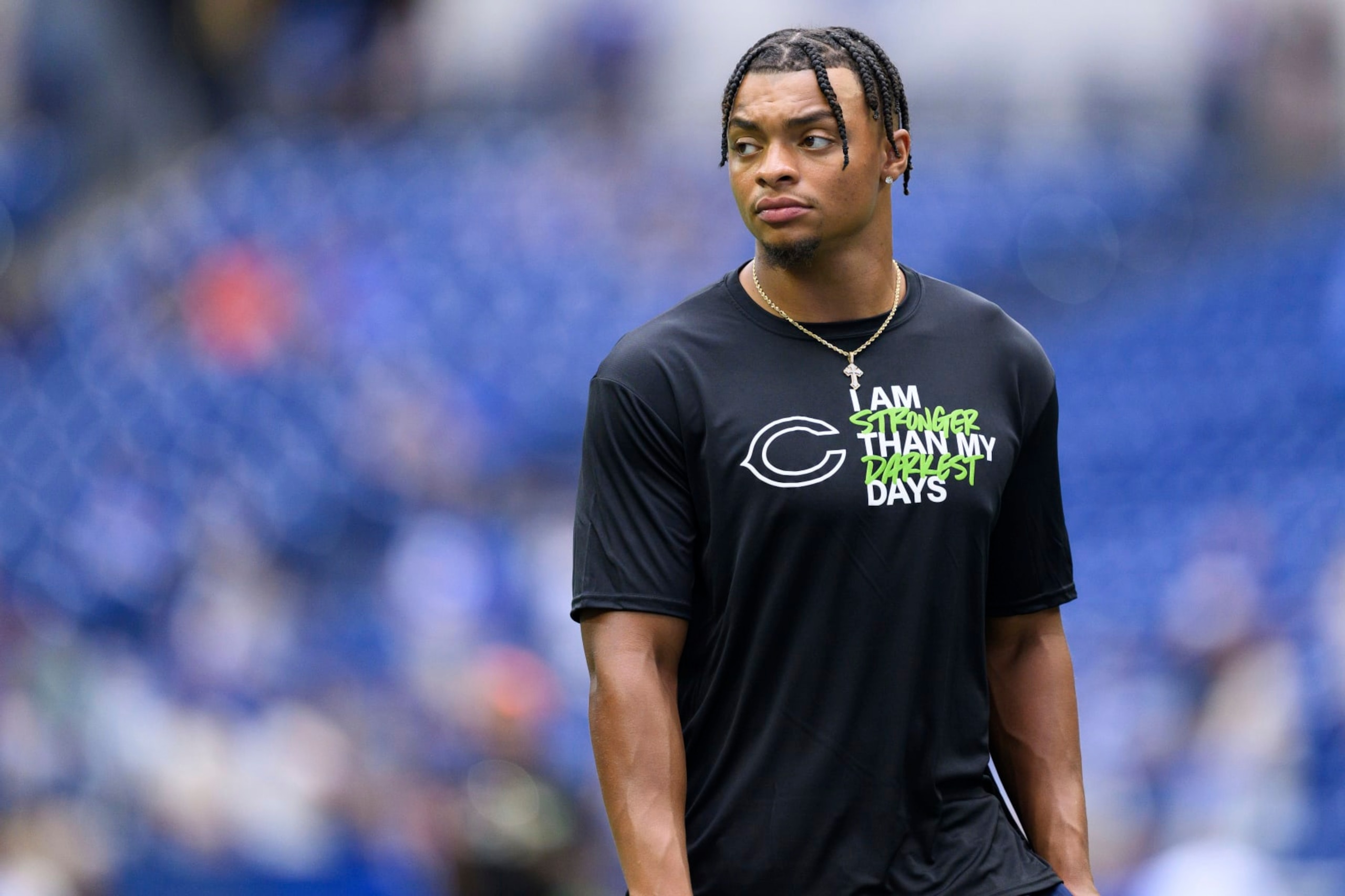 Chicago Bears quarterback Justin Fields (1) on the field before an NFL football game against the Indianapolis Colts, Saturday, Aug. 19, 2023, in Indianapolis. (AP Photo/Zach Bolinger)