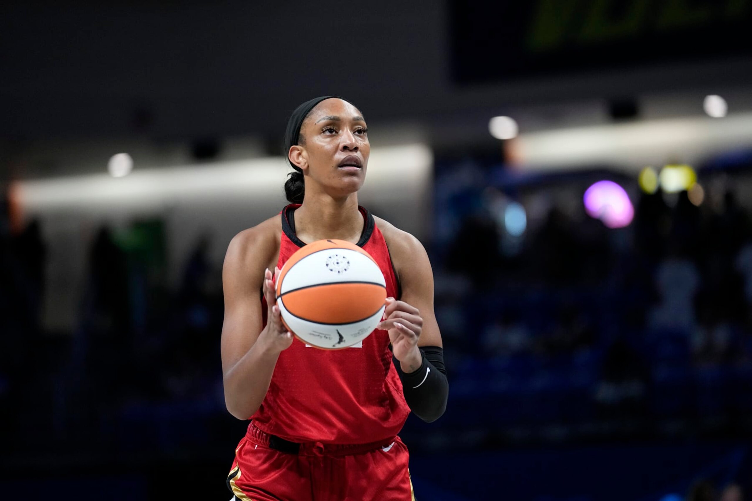 Las Vegas Aces' A'ja Wilson shoots free throws during a WNBA basketball game against the Dallas Wings, Tuesday, Aug. 8, 2023, in Arlington, Texas. (AP Photo/Tony Gutierrez) Las Vegas Aces' A'ja Wilson shoots free throws during a WNBA basketball game against the Dallas Wings, Tuesday, Aug. 8, 2023, in Arlington, Texas. (AP Photo/Tony Gutierrez)