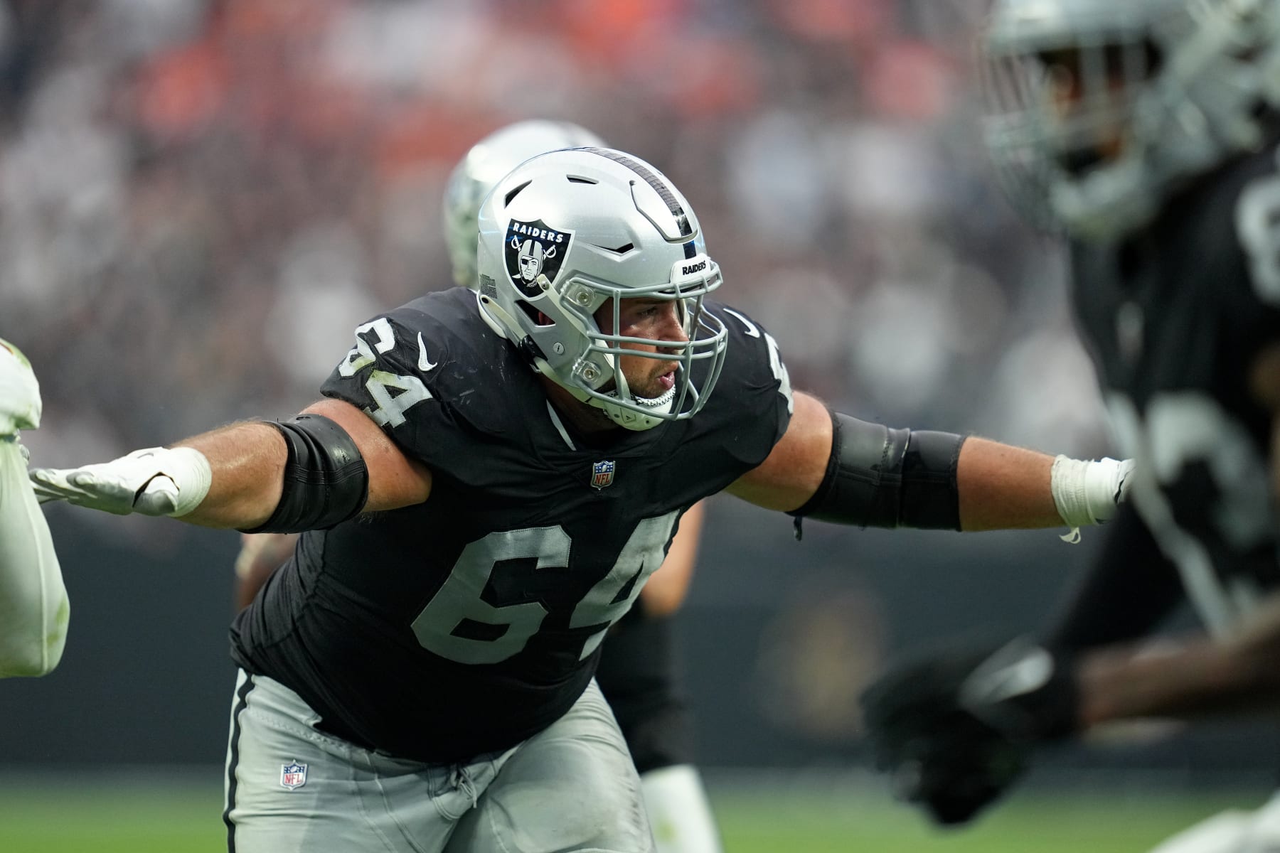 LAS VEGAS, NEVADA - OCTOBER 02: Alex Bars #64 of the Las Vegas Raiders reacts in the third quarter against the Denver Broncos at Allegiant Stadium on October 02, 2022 in Las Vegas, Nevada. (Photo by Jeff Bottari/Getty Images)