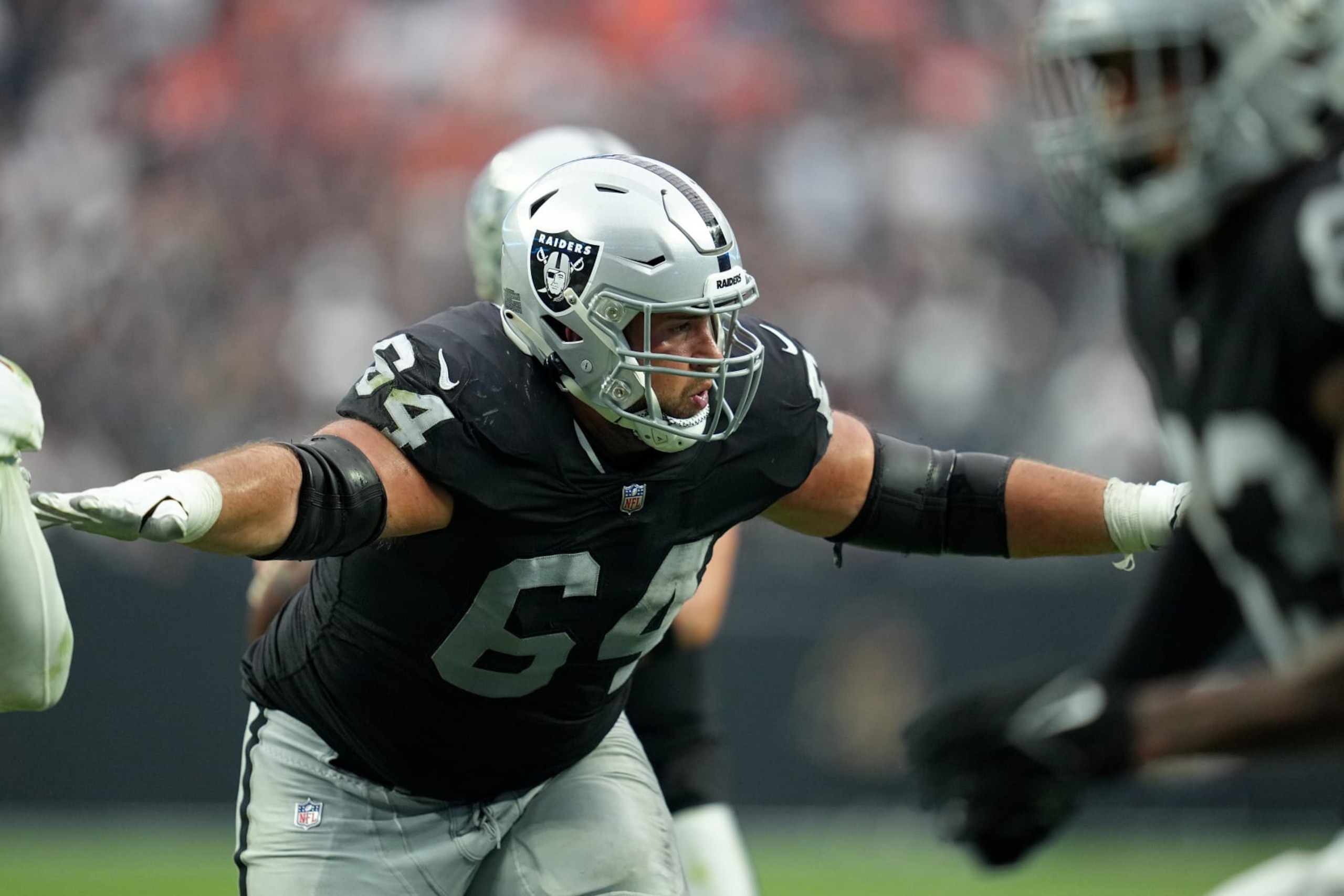 LAS VEGAS, NEVADA - OCTOBER 02: Alex Bars #64 of the Las Vegas Raiders reacts in the third quarter against the Denver Broncos at Allegiant Stadium on October 02, 2022 in Las Vegas, Nevada. (Photo by Jeff Bottari/Getty Images)