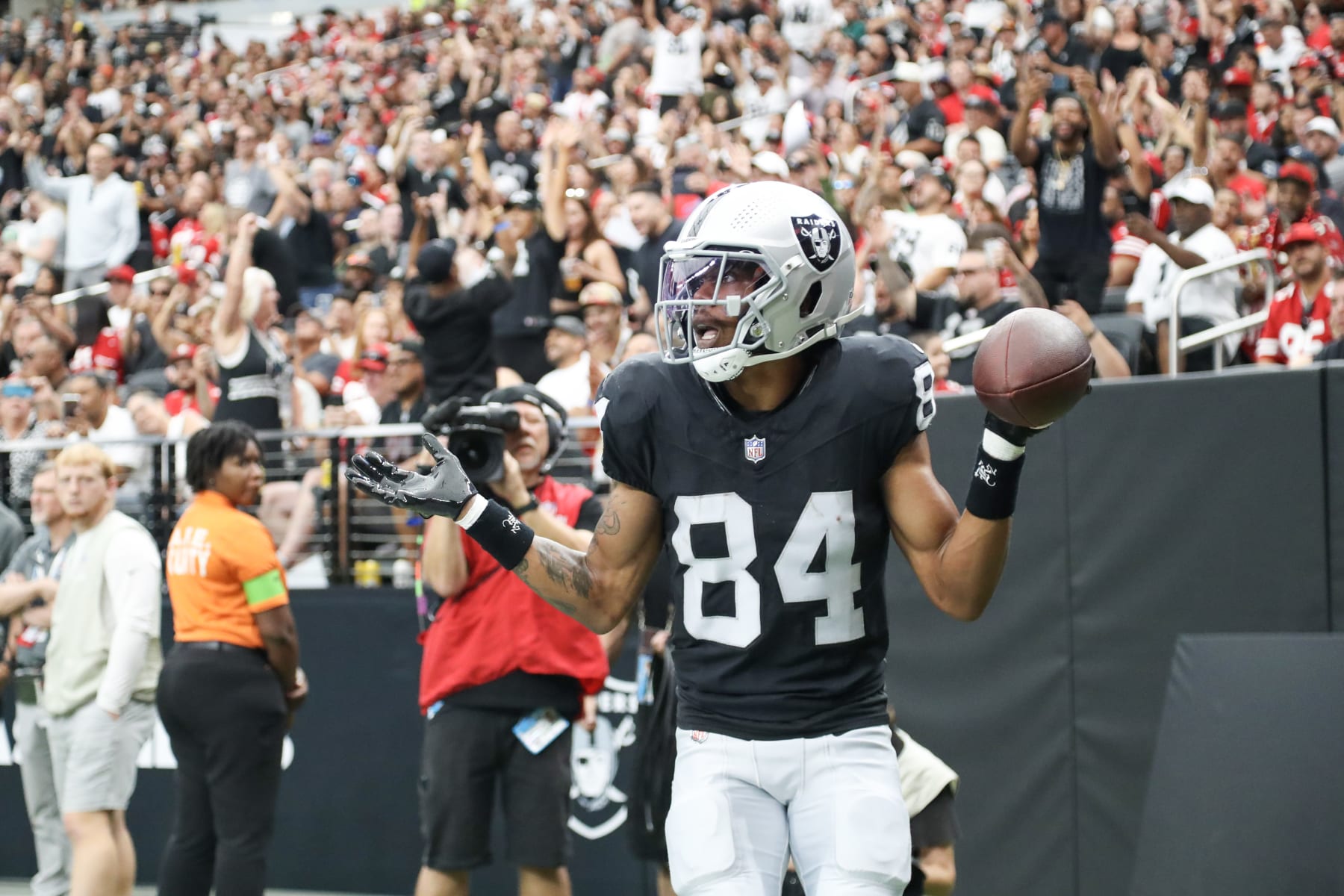 LAS VEGAS, NEVADA - AUGUST 13: Wide receiver Keelan Cole Sr. #84 of the Las Vegas Raiders reacts after scoring a touchdown during the second quarter against the San Francisco 49ers during a preseason game at Allegiant Stadium on August 13, 2023 in Las Vegas, Nevada. (Photo by Ian Maule/Getty Images)