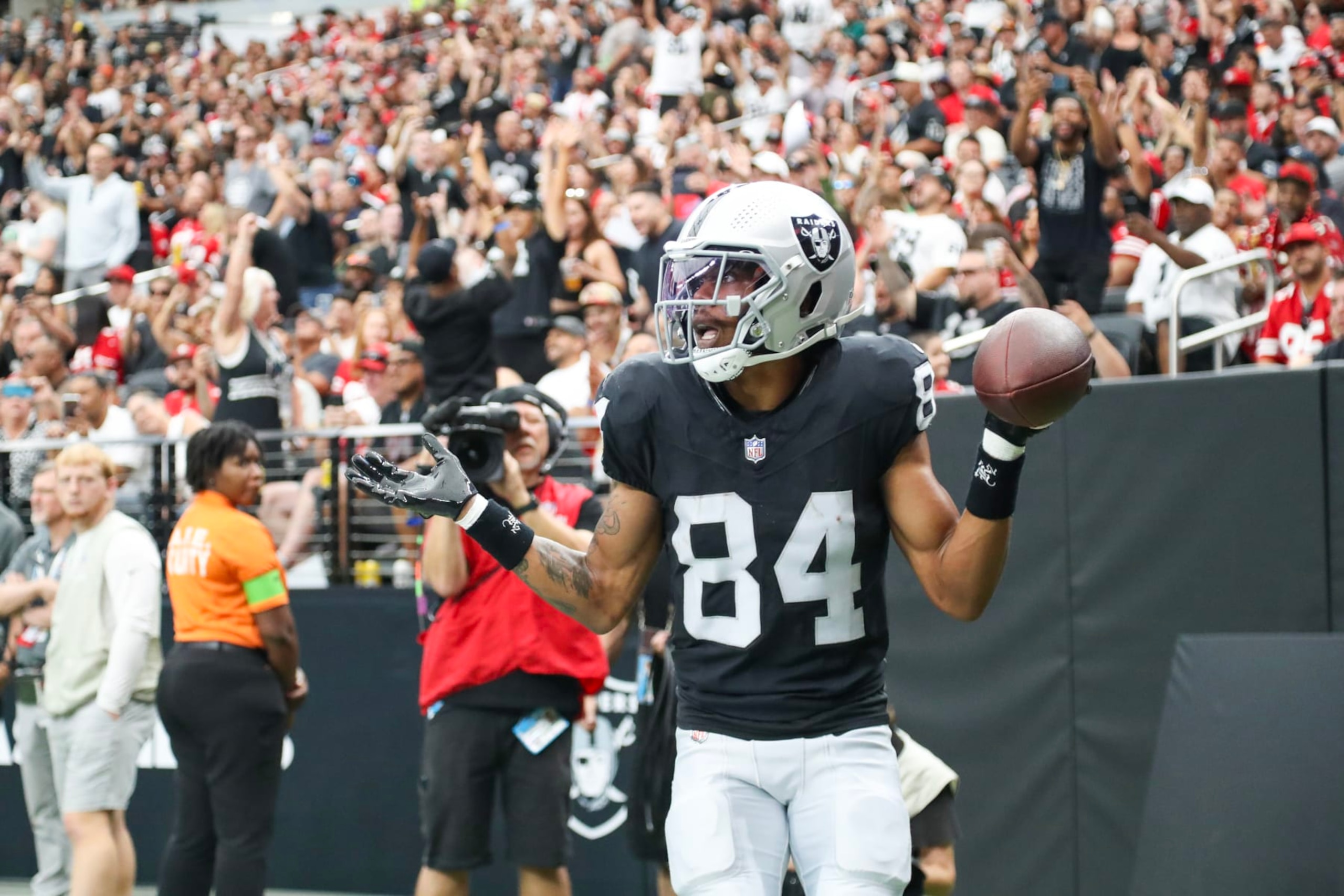 LAS VEGAS, NEVADA - AUGUST 13: Wide receiver Keelan Cole Sr. #84 of the Las Vegas Raiders reacts after scoring a touchdown during the second quarter against the San Francisco 49ers during a preseason game at Allegiant Stadium on August 13, 2023 in Las Vegas, Nevada. (Photo by Ian Maule/Getty Images)