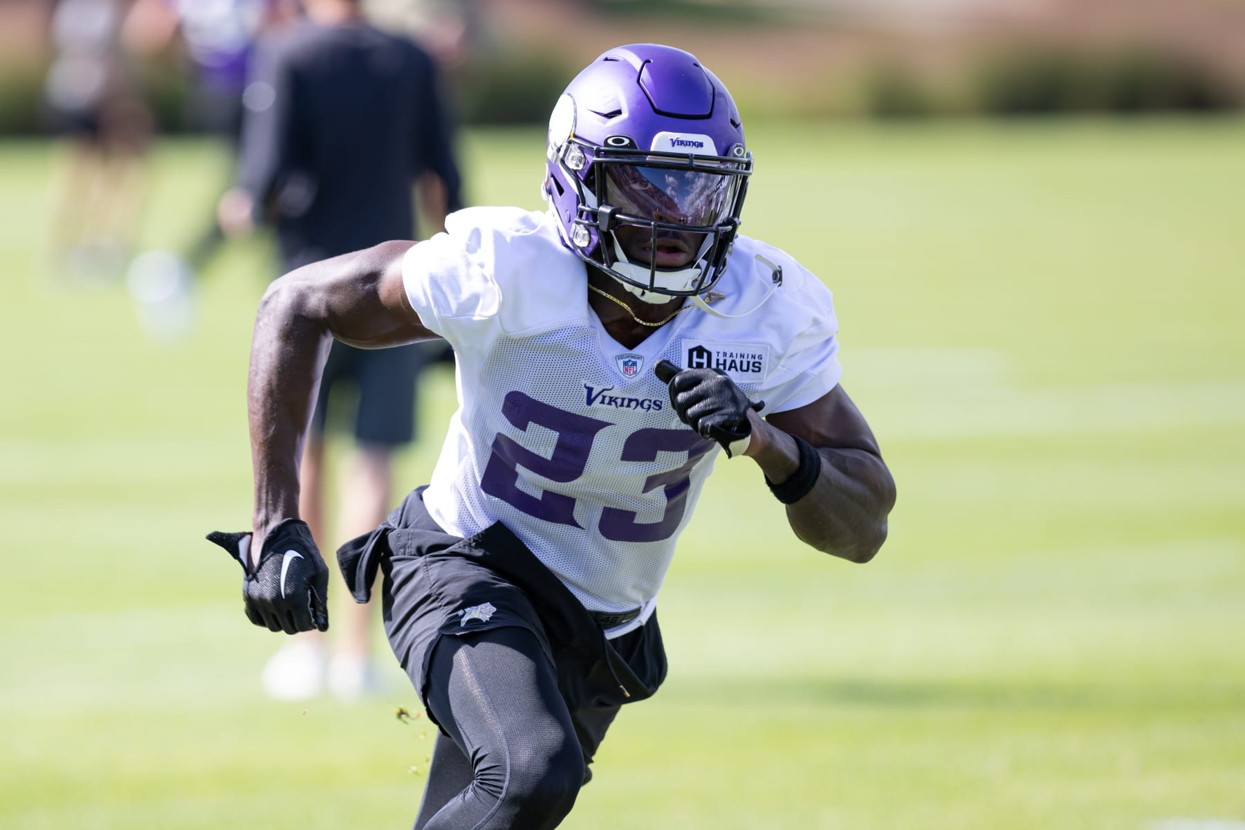 EAGAN, MN - AUGUST 12: Minnesota Vikings cornerback Andrew Booth Jr. (23) runs a drill during Minnesota Vikings Training Camp at TCO Performance Center on August 12, 2023 in Eagan, Minnesota. (Photo by Bailey Hillesheim/Icon Sportswire via Getty Images)