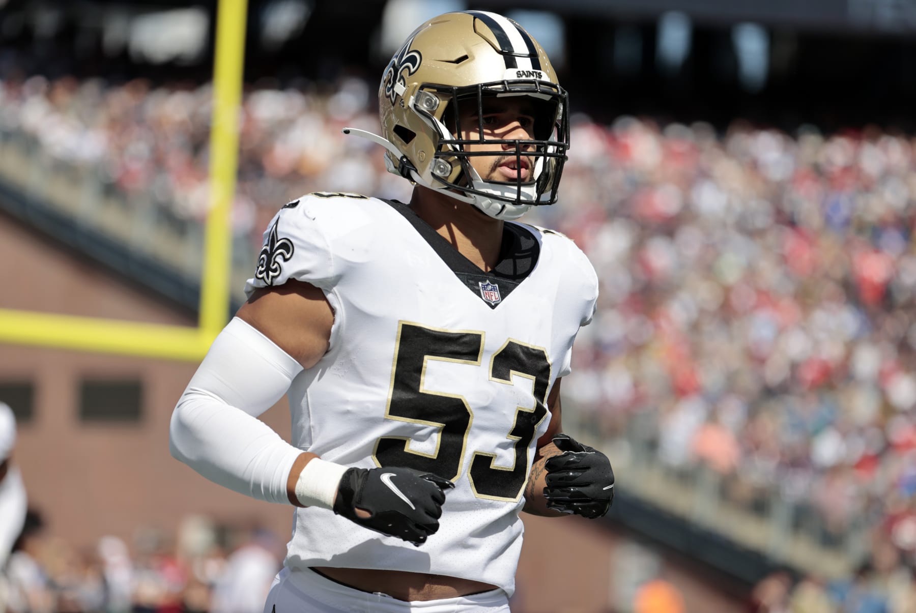 FOXBOROUGH, MA - SEPTEMBER 26: New Orleans Saints linebacker Zack Baun (53) during a game between the New England Patriots and the New Orleans Saints on September 26, 2021 at Gillette Stadium in Foxborough, Massachusetts. (Photo by Fred Kfoury III/Icon Sportswire via Getty Images)
