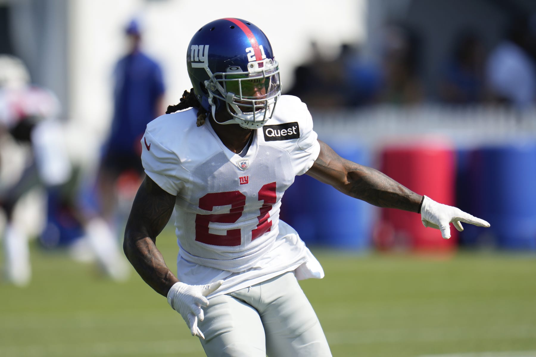 New York Giants safety Bobby McCain (21) runs a drill during an NFL football practice in Allen Park, Mich., Wednesday, Aug. 9, 2023. (AP Photo/Paul Sancya)