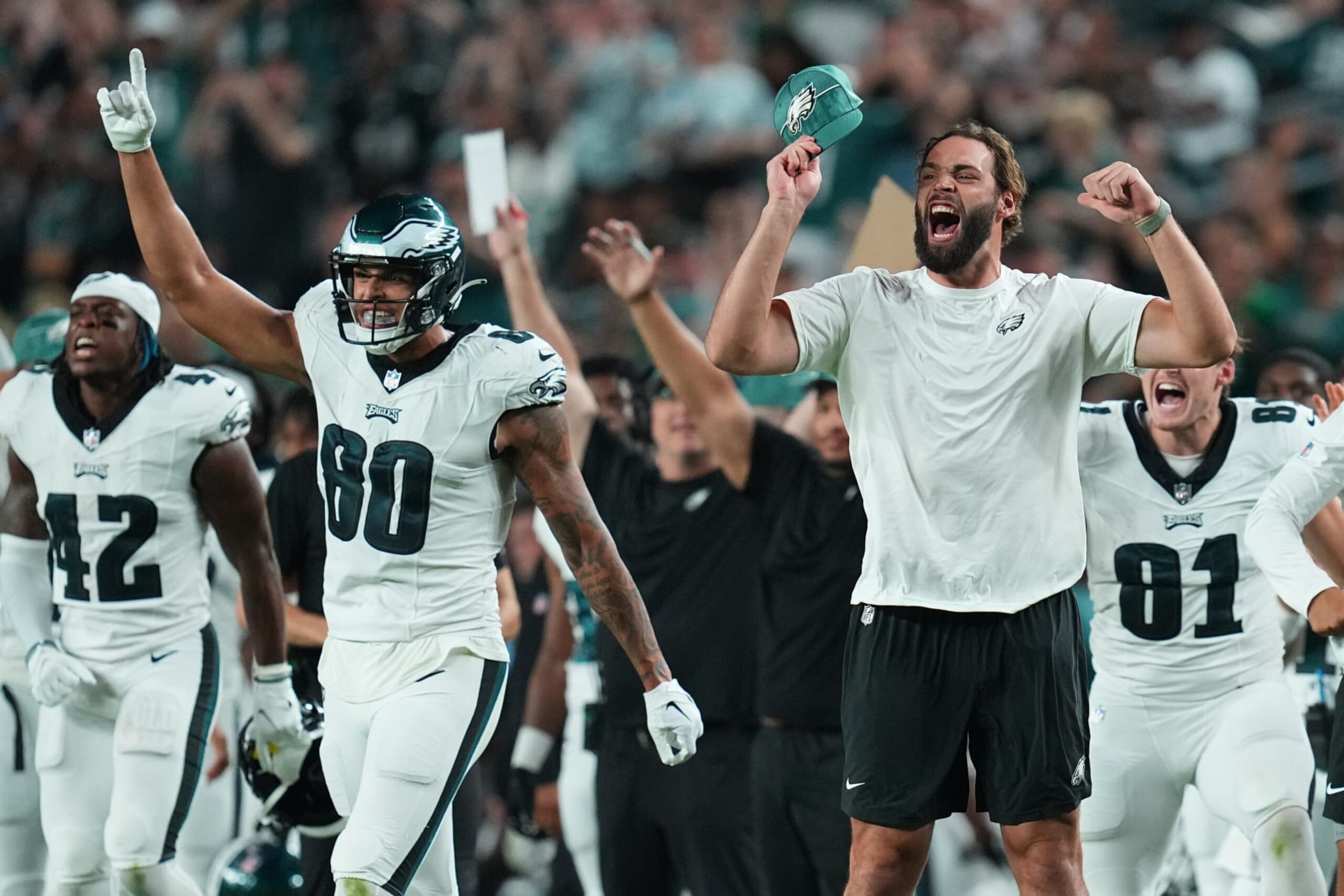 PHILADELPHIA, PENNSYLVANIA - AUGUST 17: Dallas Goedert #88 and Tyree Jackson #80 of the Philadelphia Eagles react against the Cleveland Browns in the second half of the preseason game at Lincoln Financial Field on August 17, 2023 in Philadelphia, Pennsylvania. The Browns tied the Eagles 18-18. (Photo by Mitchell Leff/Getty Images)