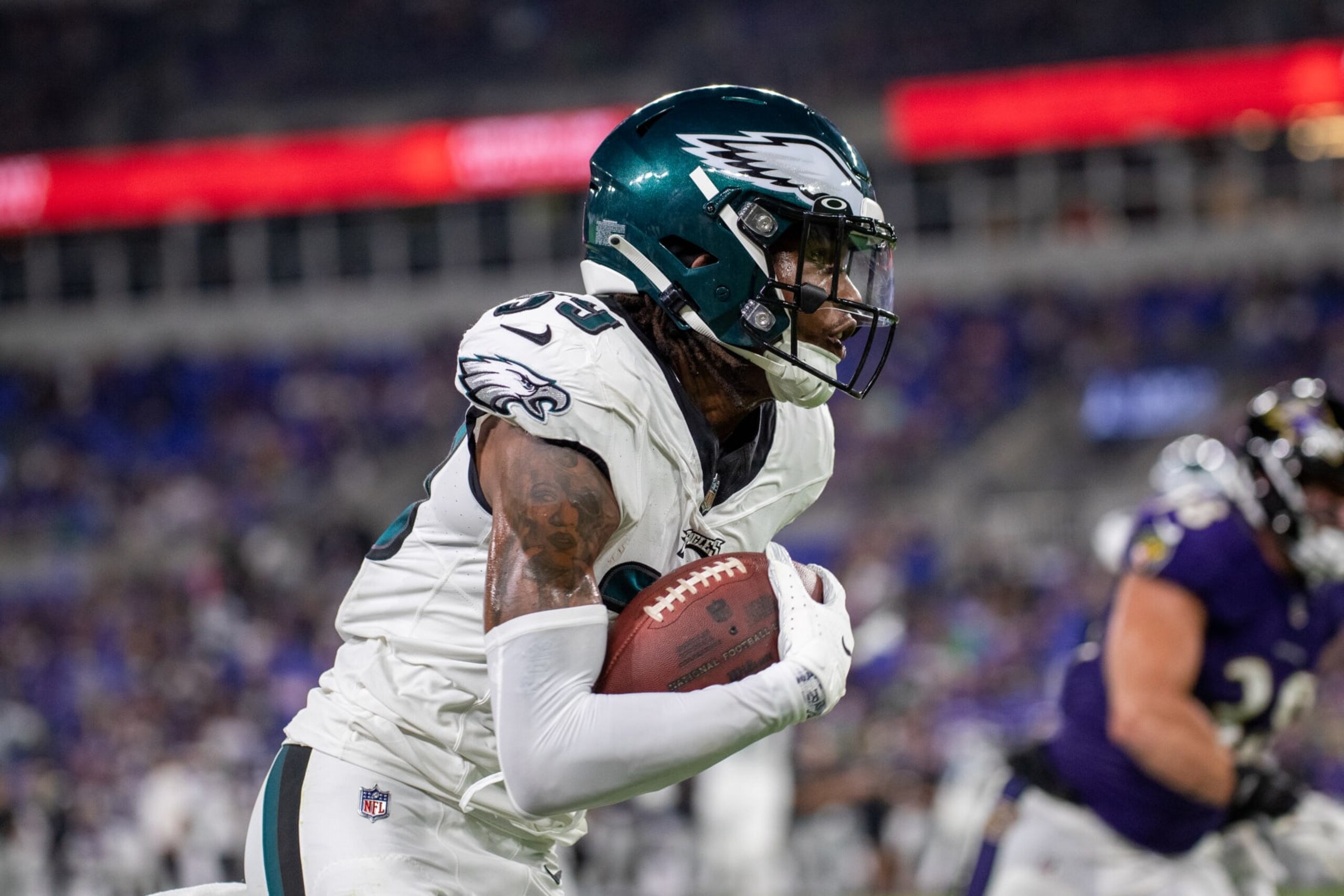 BALTIMORE, MD - AUGUST 12: Philadelphia Eagles cornerback Eli Ricks (39) returns an interception for a touchdown during an NFL pre-season game between the Philadelphia Eagles and the Baltimore Ravens on August 12, 2023, at M&T Bank Stadium in Baltimore, Maryland. (Photo by Charles Brock/Icon Sportswire via Getty Images)