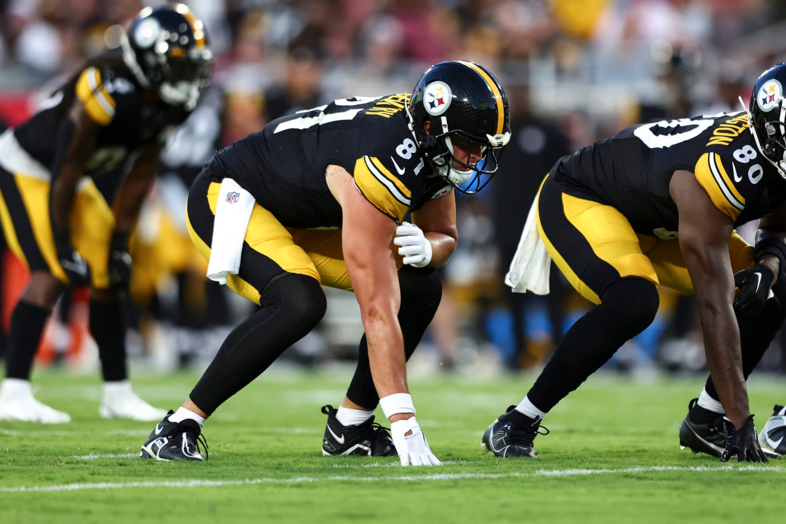 TAMPA, FL - AUGUST 11: Zach Gentry #81 of the Pittsburgh Steelers lines up before a play during an NFL preseason football game against the Tampa Bay Buccaneers at Raymond James Stadium on August 11, 2023 in Tampa, Florida. (Photo by Kevin Sabitus/Getty Images)