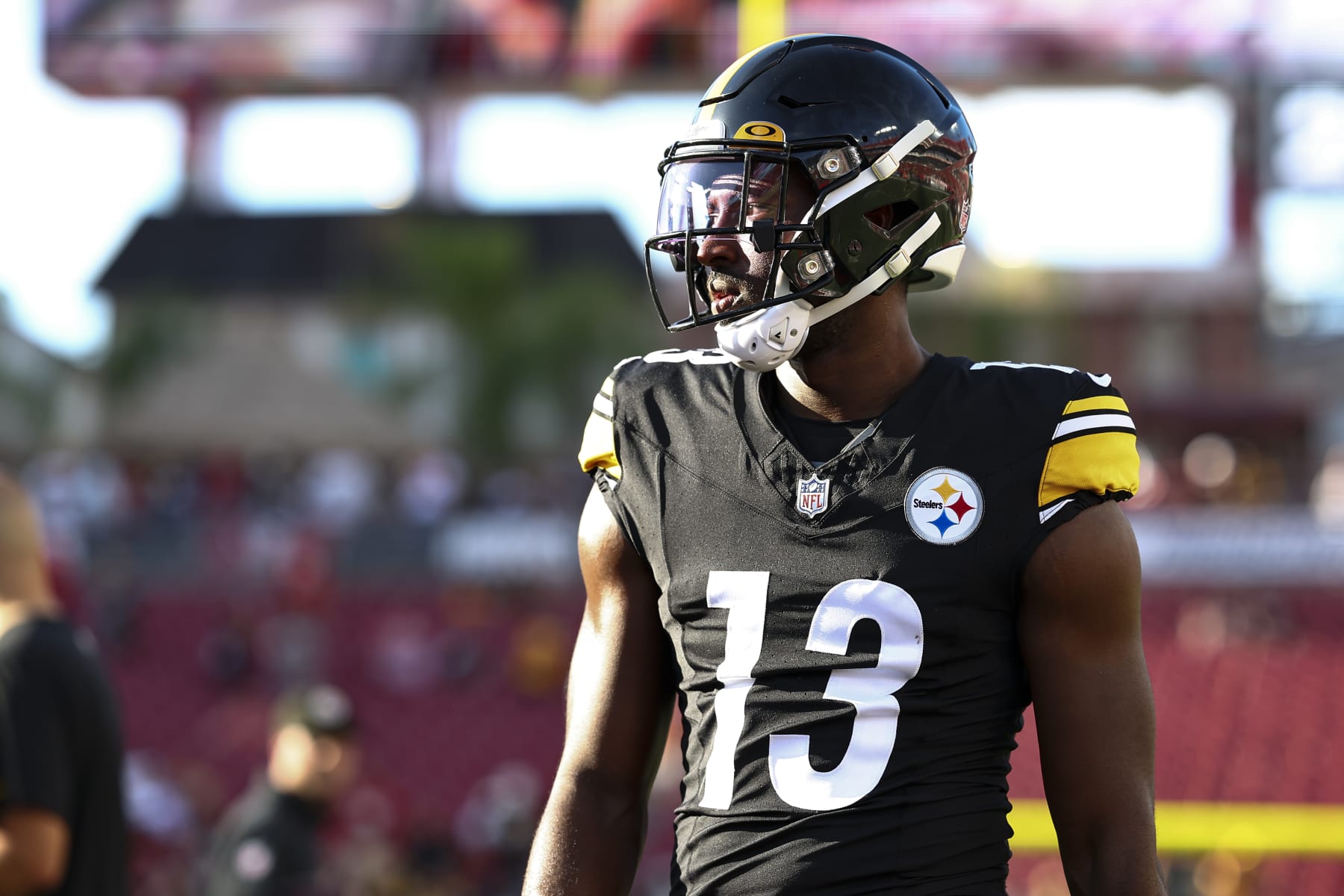 TAMPA, FL - AUGUST 11: Miles Boykin #13 of the Pittsburgh Steelers warms up prior to an NFL preseason football game against the Tampa Bay Buccaneers at Raymond James Stadium on August 11, 2023 in Tampa, Florida. (Photo by Kevin Sabitus/Getty Images)